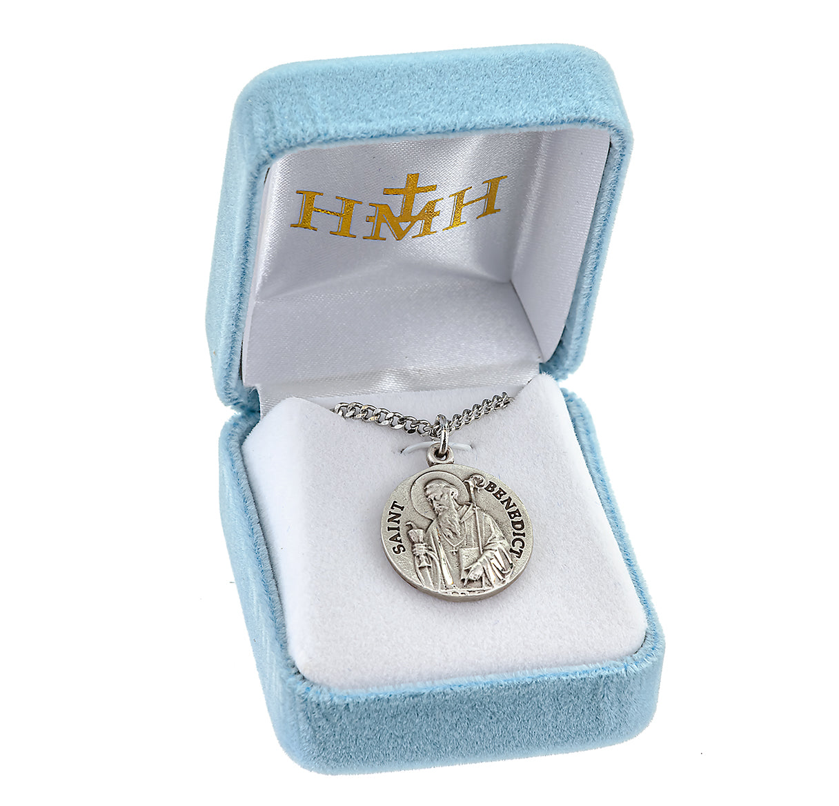Saint Benedict Protection Round Sterling Silver Medal Pendant with Chain