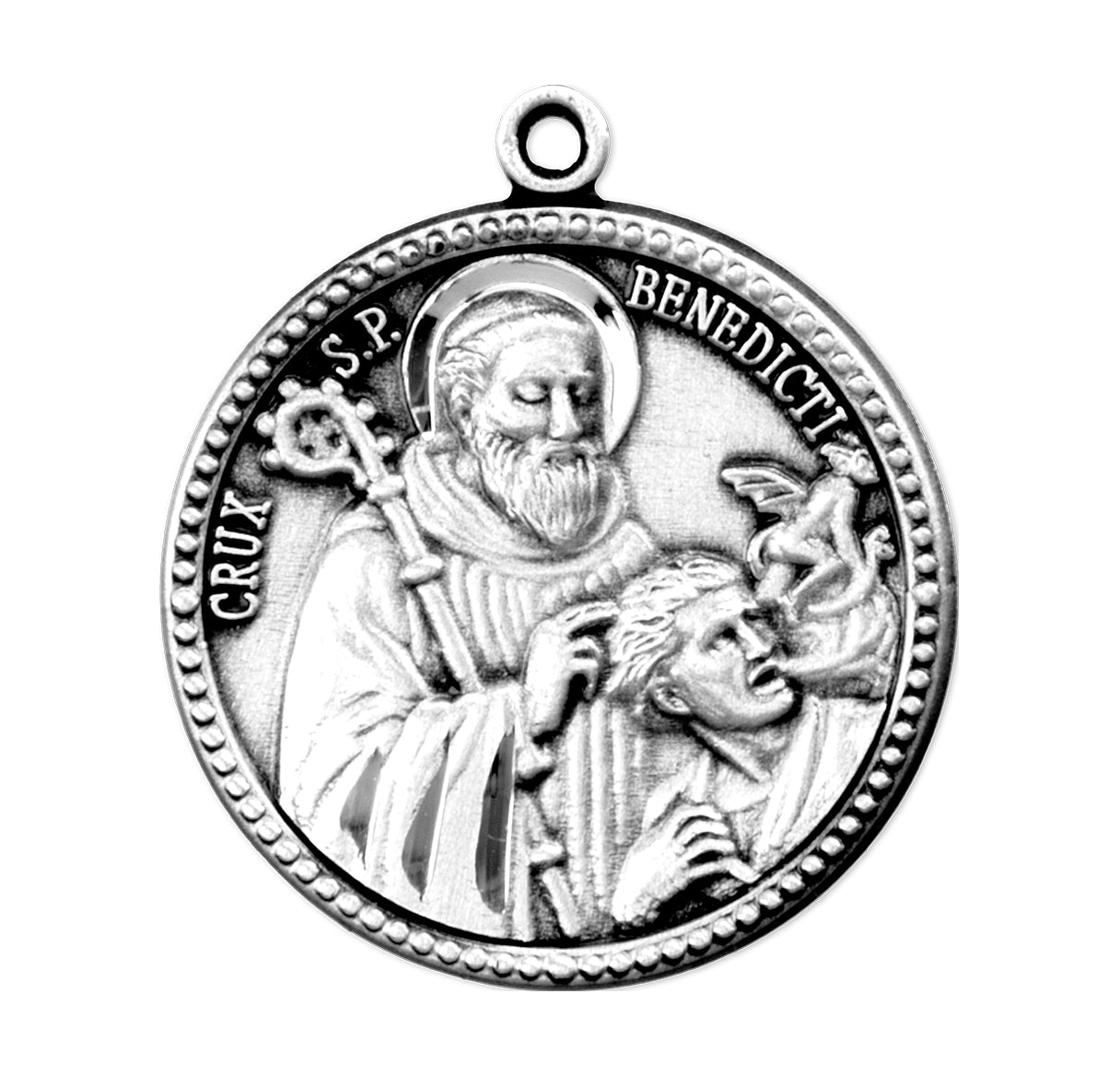 Saint Benedict Protection Round Sterling Silver Medal Pendant with Chain