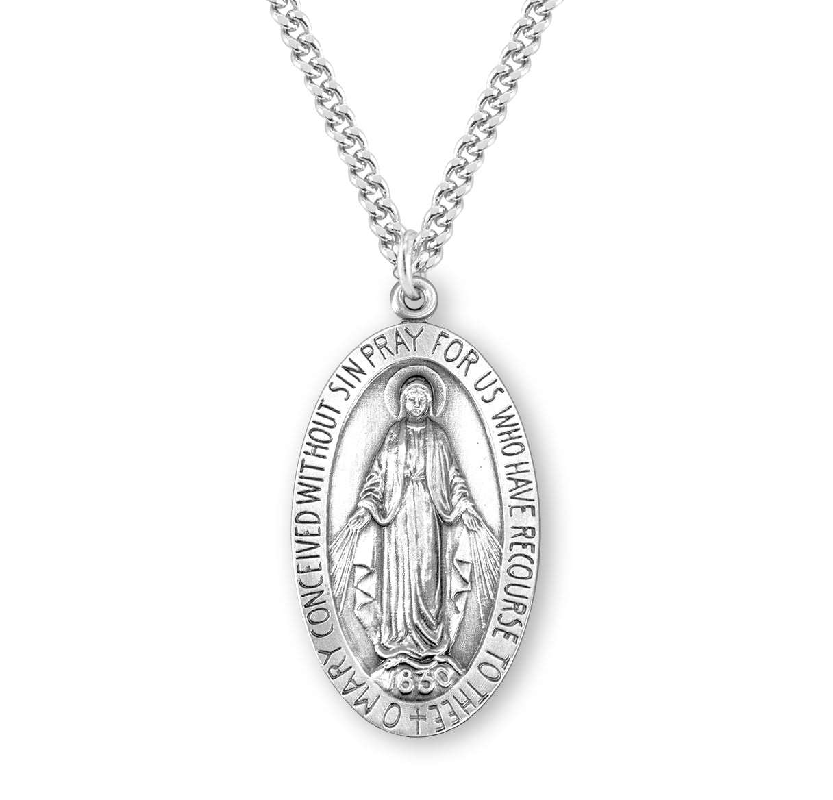 Sterling Silver Large Oval Miraculous Medal Pendant with Chain