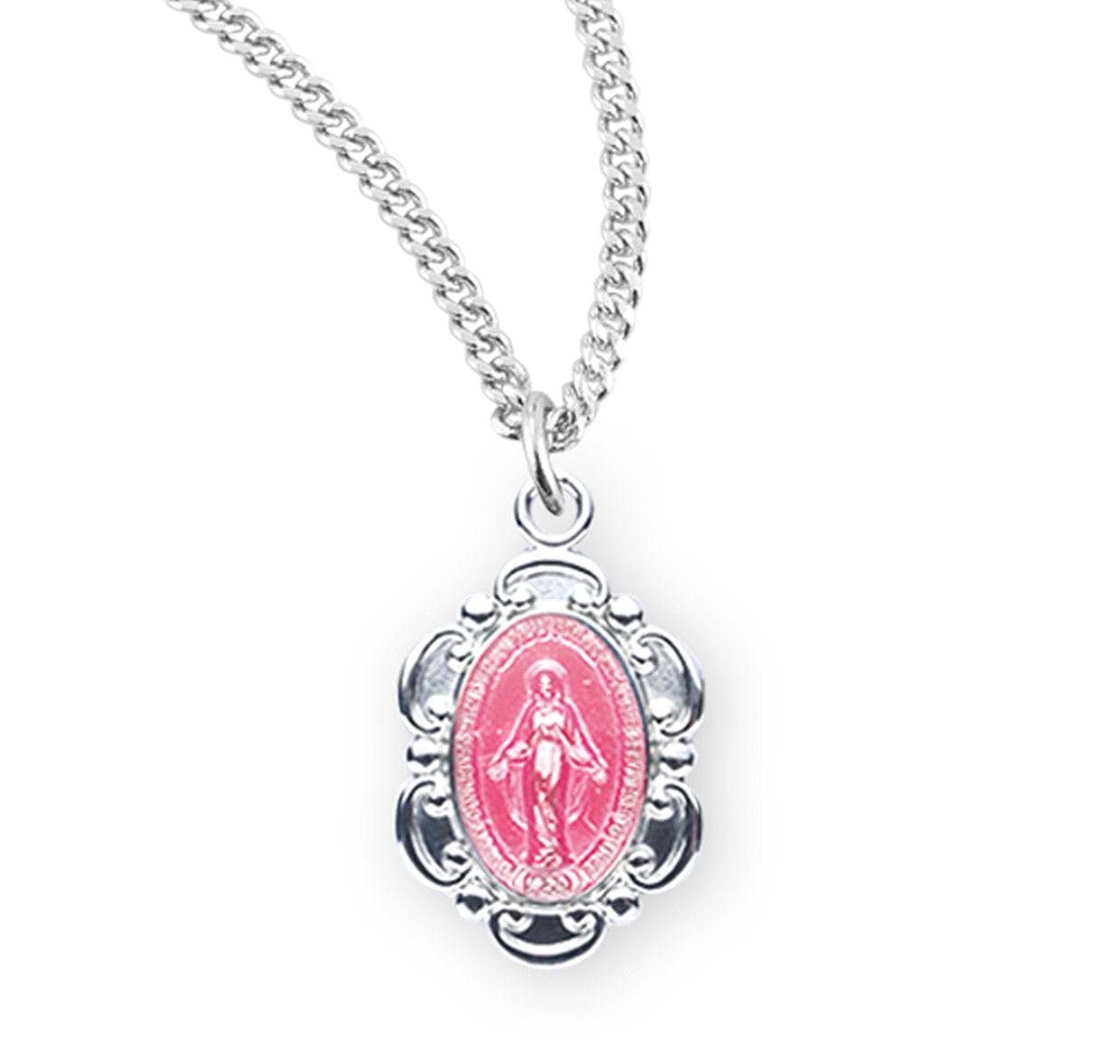 Sterling Silver Pink Enameled Oval Fancy Edge Miraculous Medal Pendant with Chain