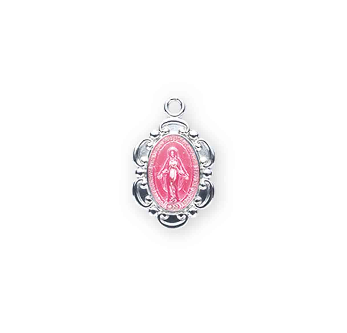 Sterling Silver Pink Enameled Oval Fancy Edge Miraculous Medal Pendant with Chain