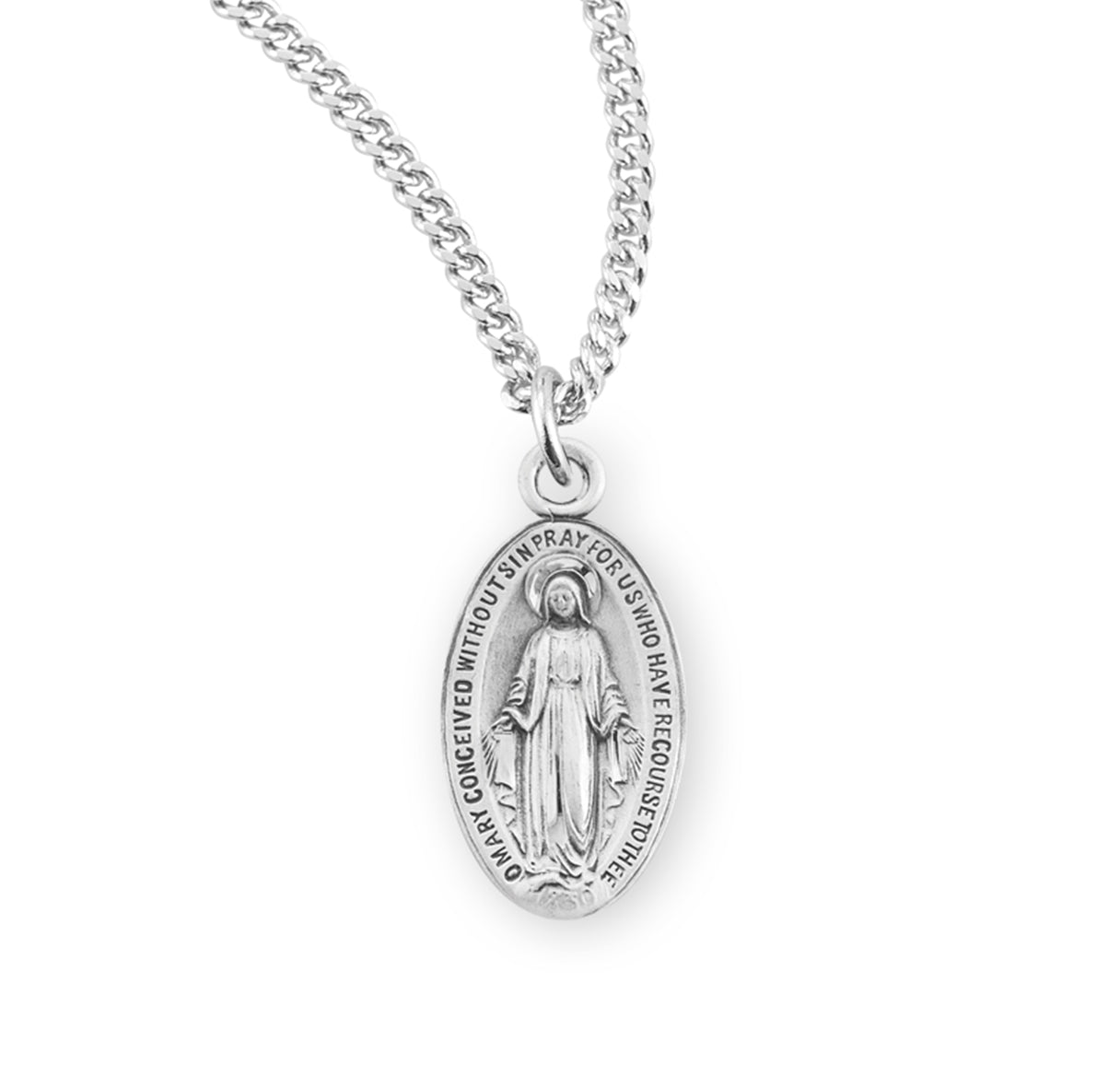 Sterling Silver Oval Miraculous Medal Pendant with Chain