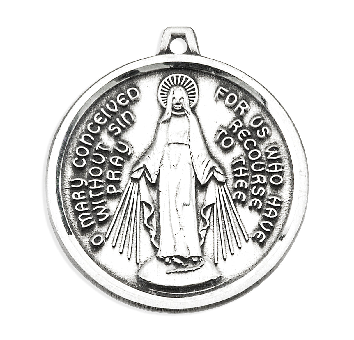 Sterling Silver Round Contemporary Miraculous Medal Pendant with Chain