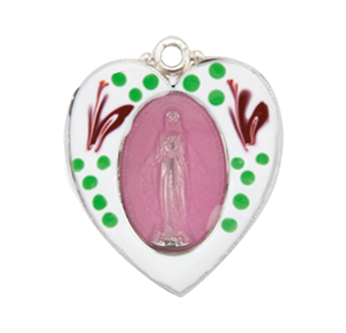 Sterling Silver Flower Enameled Heart Shape Miraculous Medal Pendant with Chain