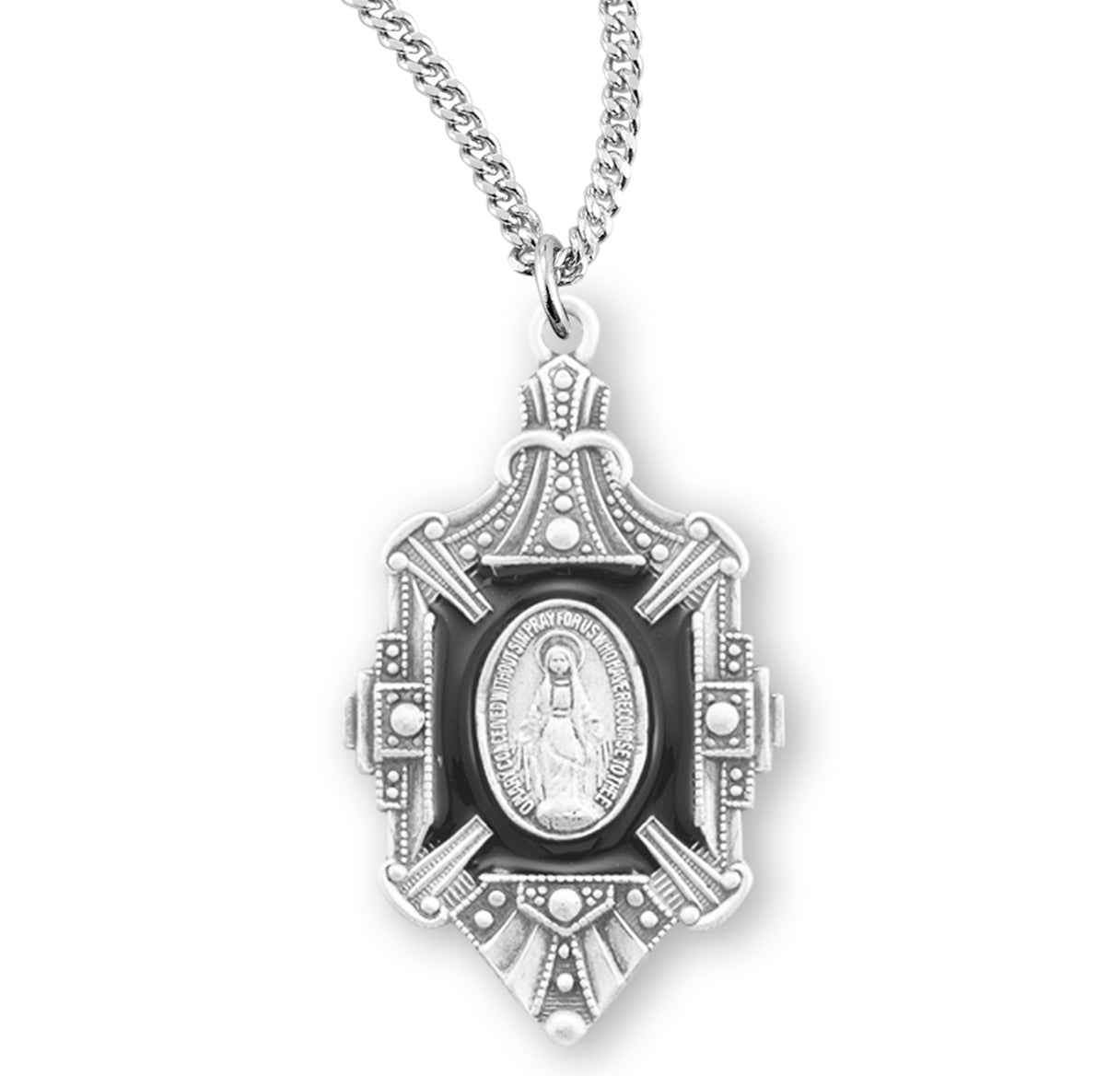 Sterling Silver Fancy Enameled Miraculous Medal Pendant with Chain