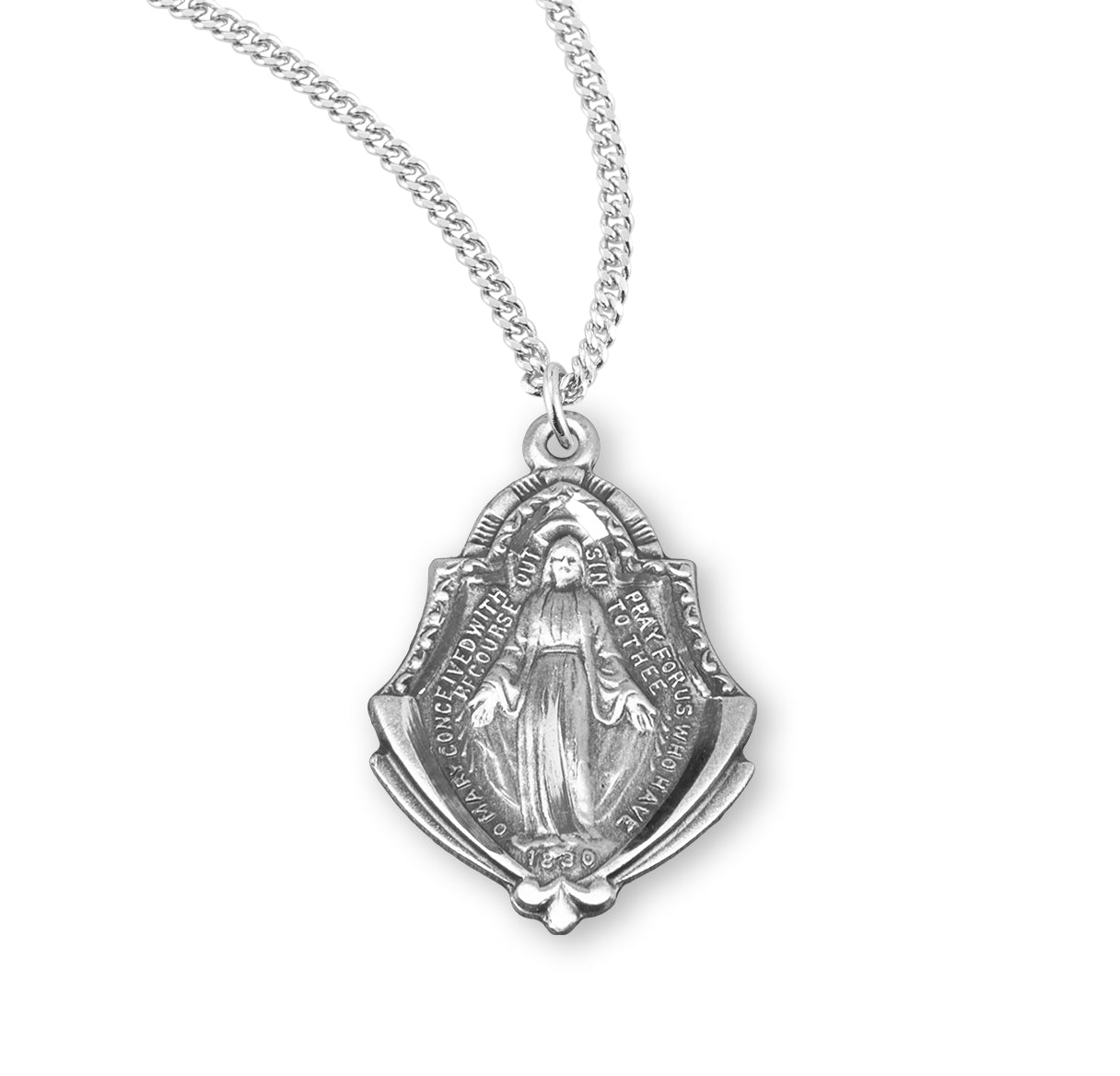 Sterling Silver Miraculous Medal Pendant with Chain with Art Deco Border