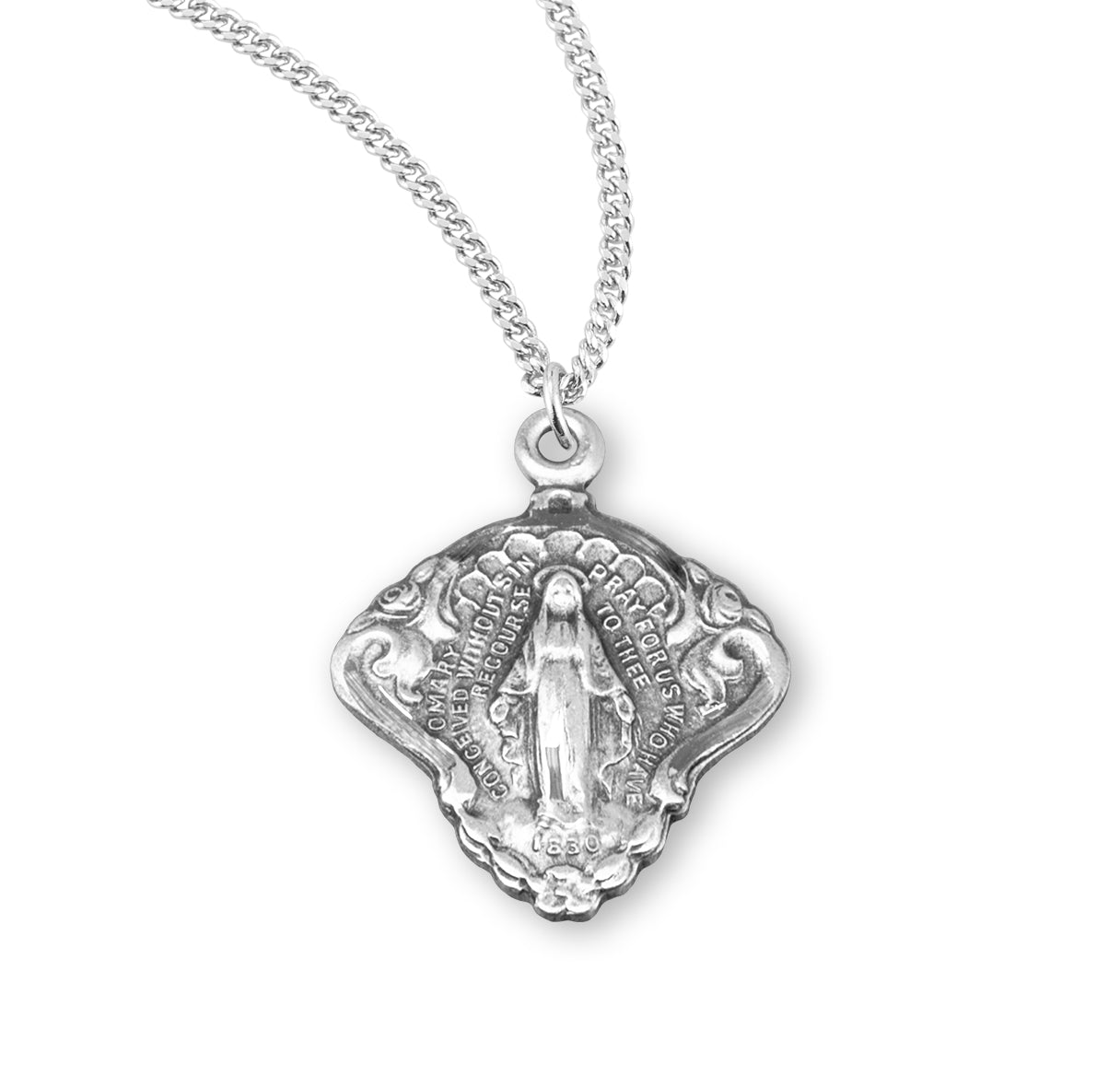 Sterling Silver Miraculous Medal Pendant with Chain with Baroque Scrolling Border