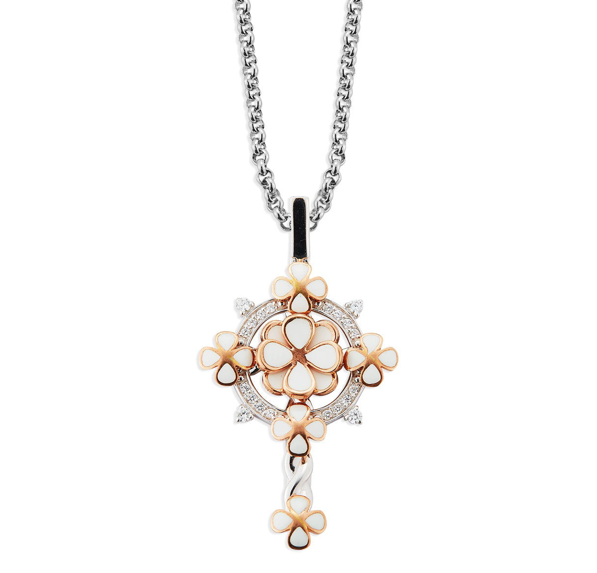 Sterling Silver Cross with White Flower Enamel & Gold Trim with CZ Accents~09