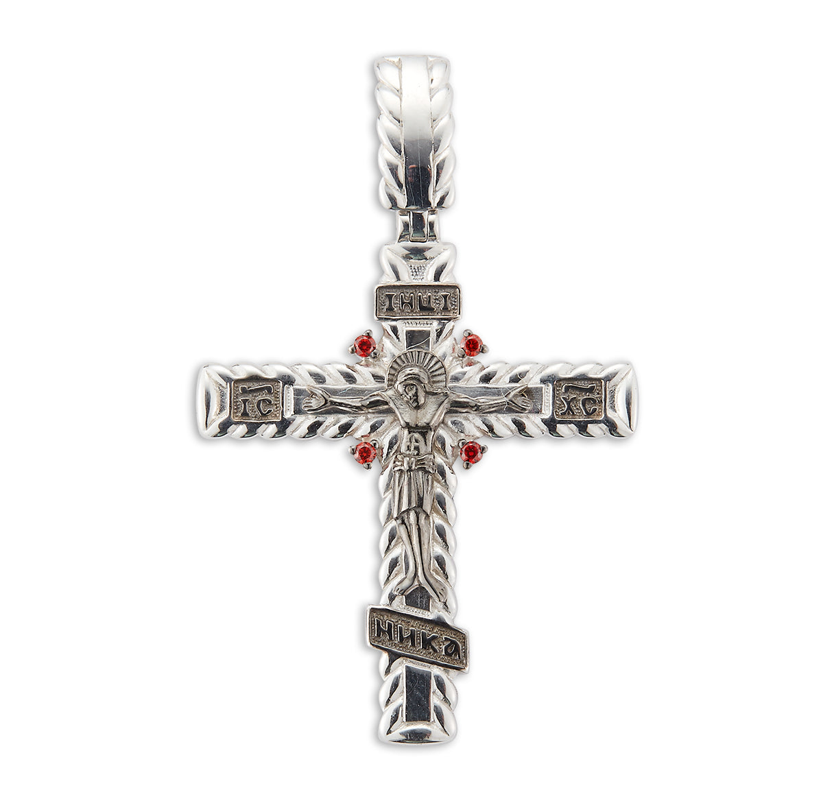 Sterling Silver Intricate Crucifix Fire Red CZ Accents