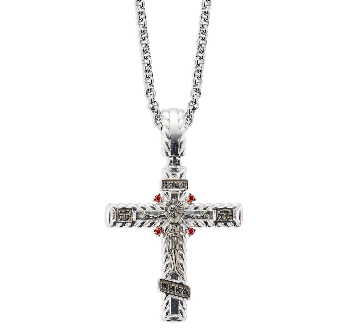 Sterling Silver Intricate Crucifix Fire Red CZ Accents