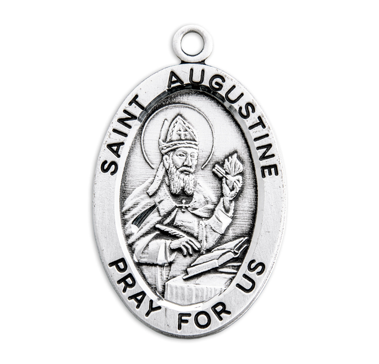 Patron Saint Augustine Oval Sterling Silver Medal Pendant with Chain