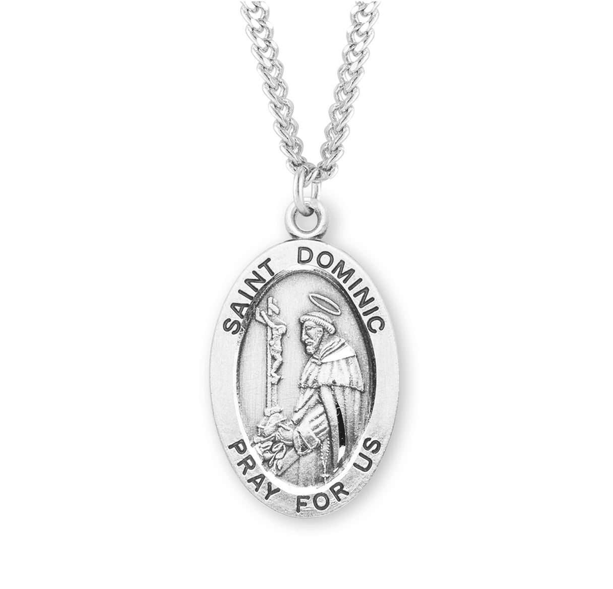 Patron Saint Dominic Oval Sterling Silver Medal Pendant with Chain
