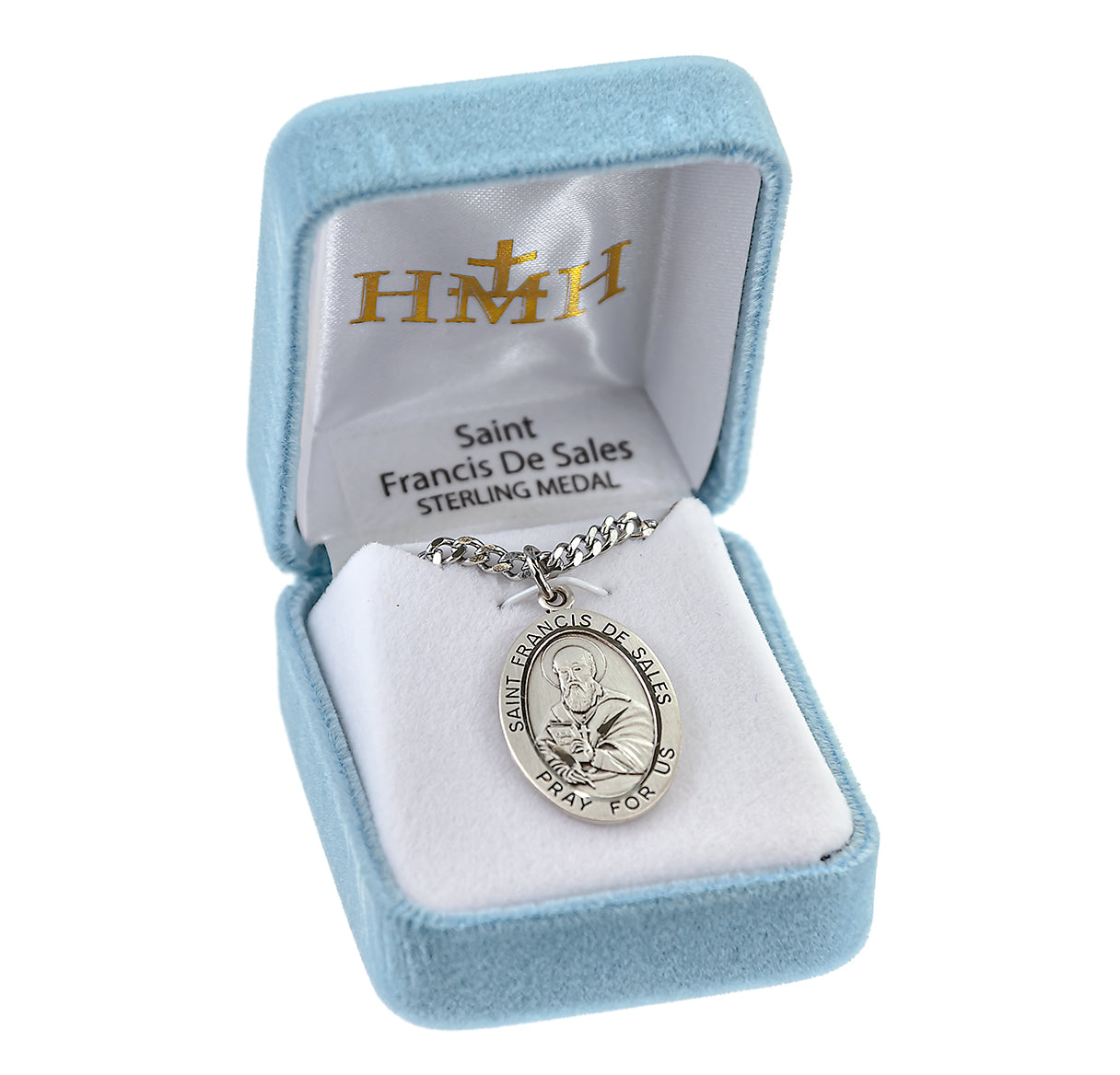 Patron Saint Francis De Sales Oval Sterling Silver Medal Pendant with Chain