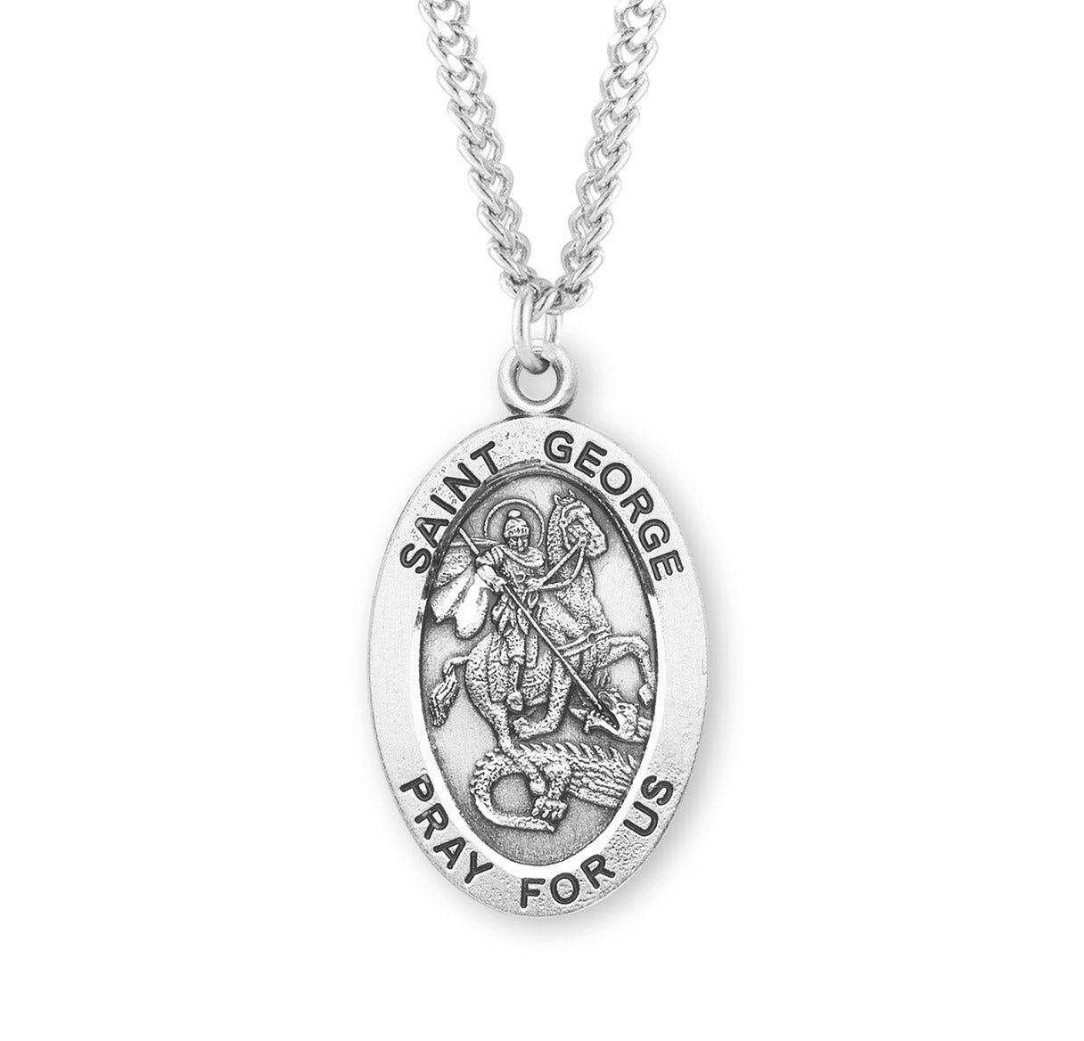 Patron Saint George Oval Sterling Silver Medal Pendant with Chain