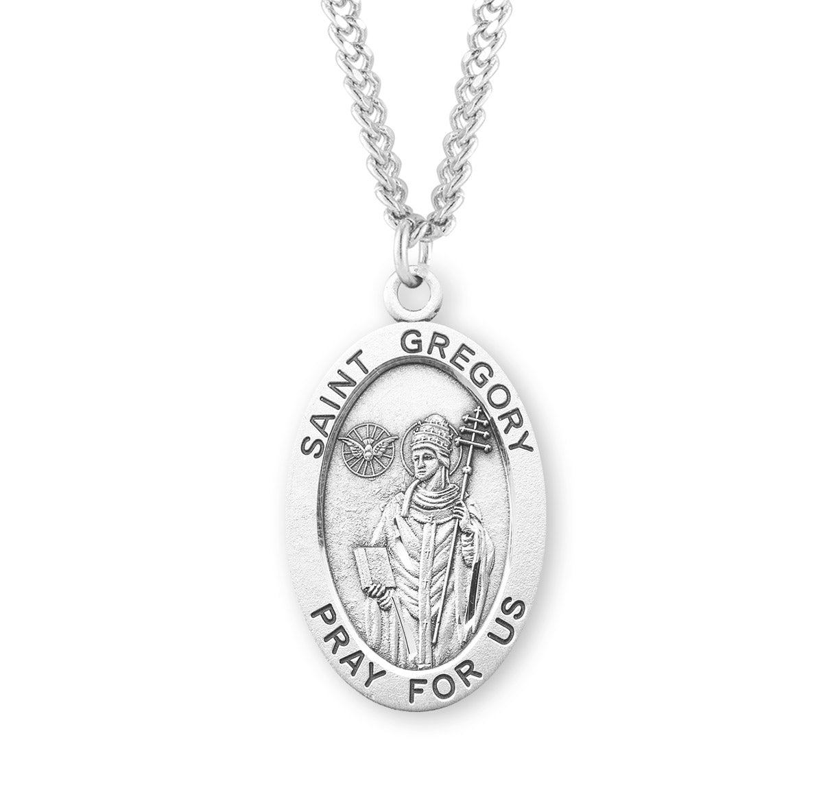 Patron Saint Gregory Oval Sterling Silver Medal Pendant with Chain