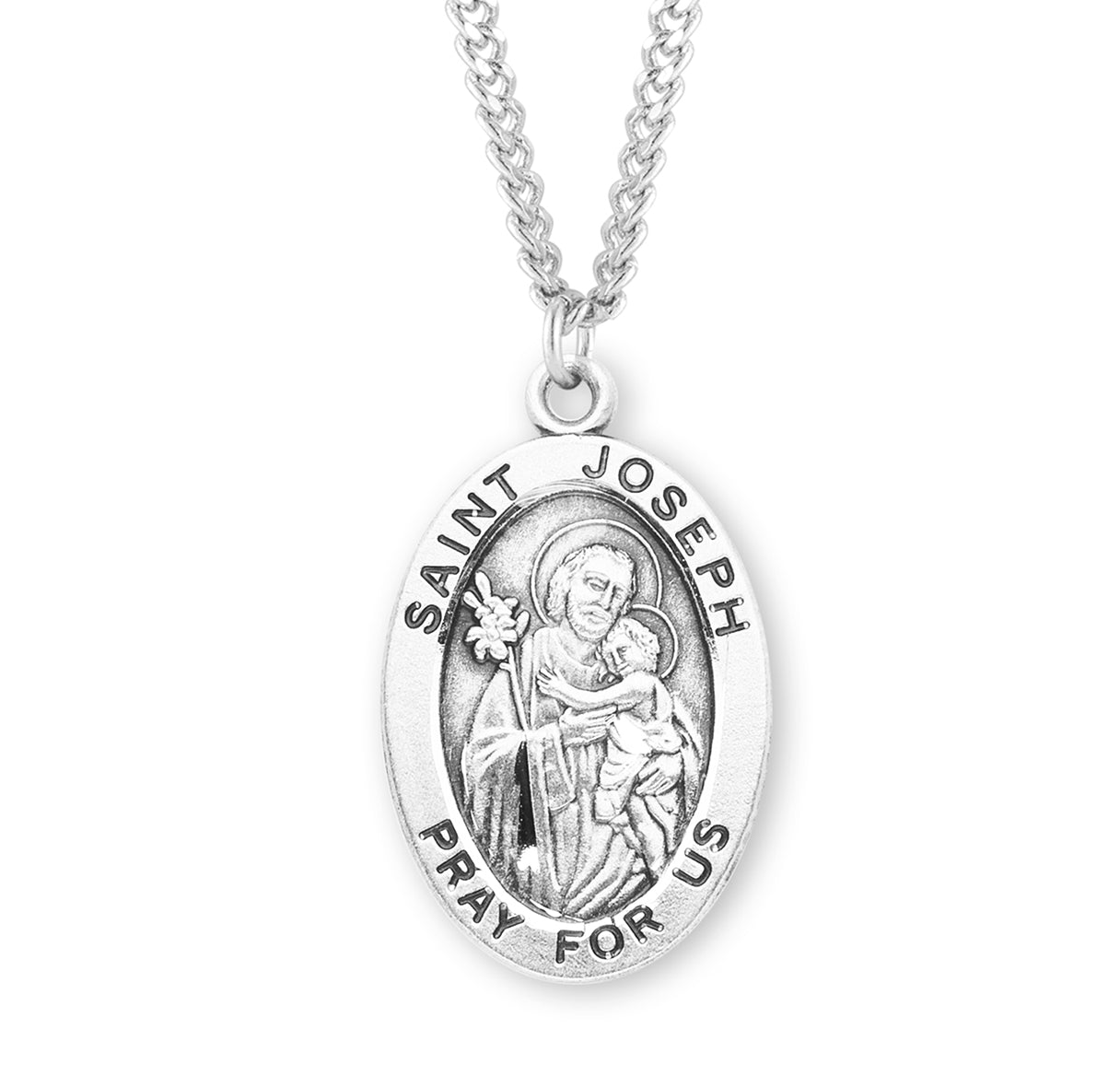 Patron Saint Joseph Oval Sterling Silver Medal Pendant with Chain