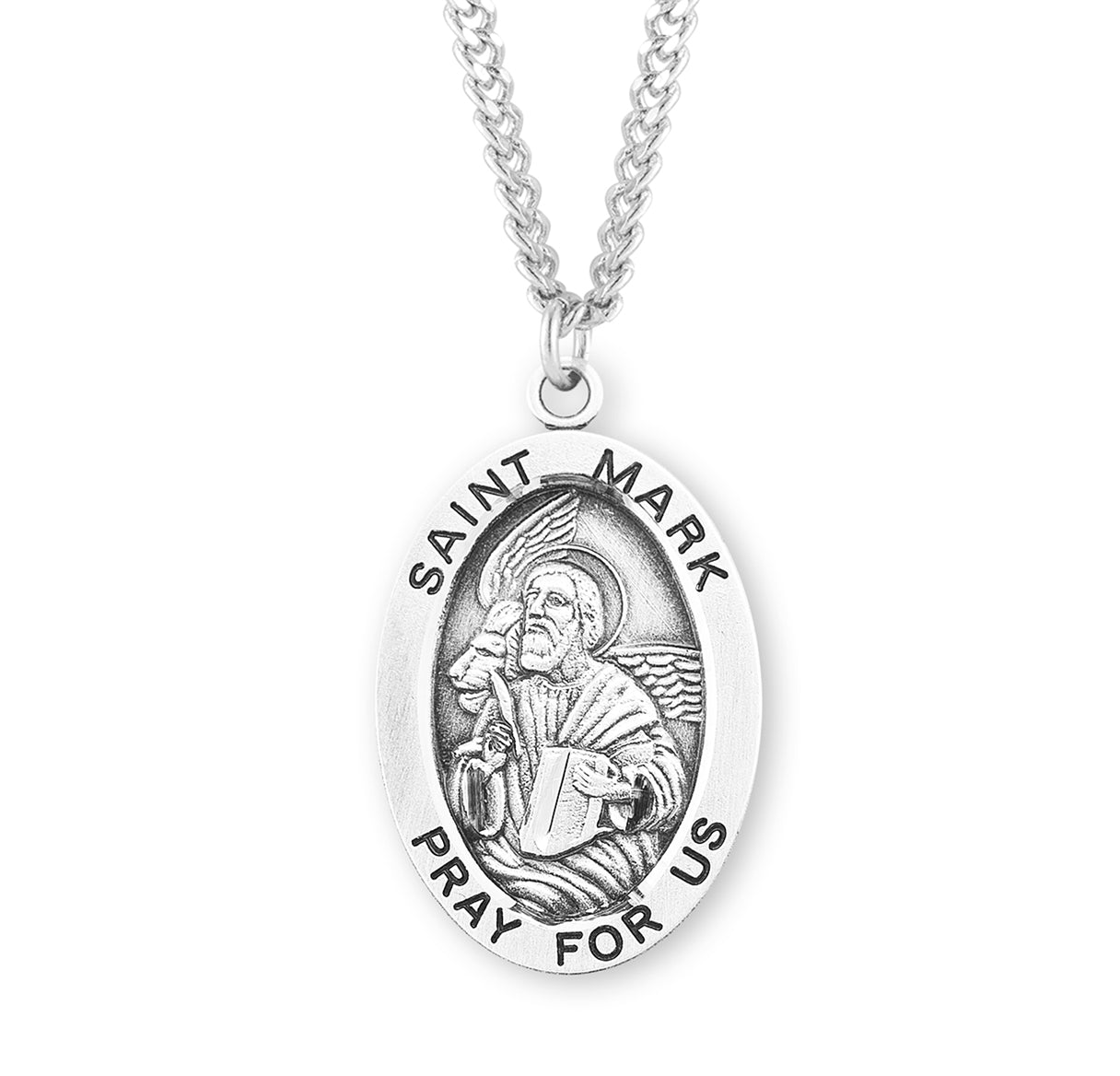 Patron Saint Mark Oval Sterling Silver Medal Pendant with Chain