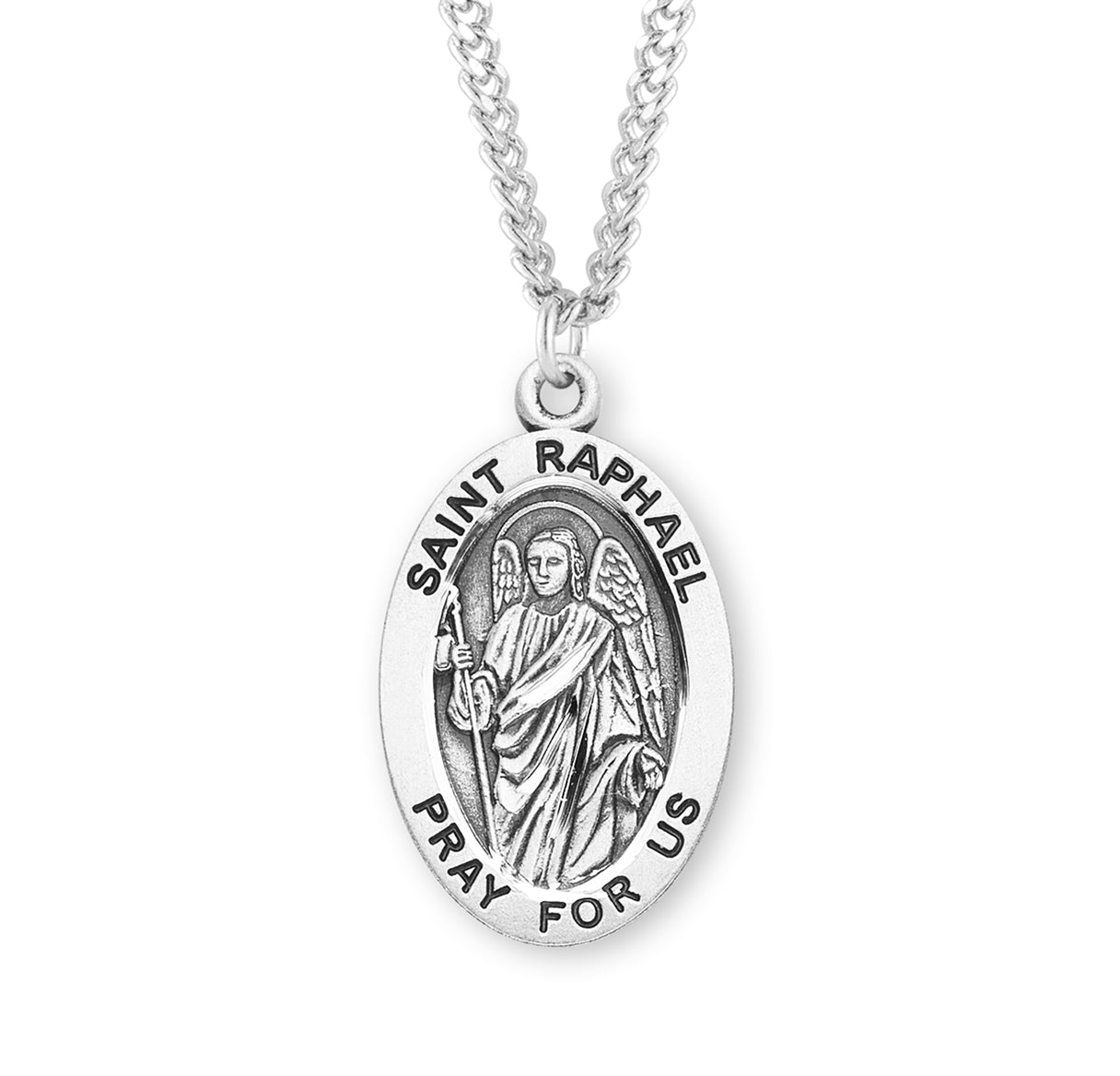 Patron Saint Raphael Archangel Oval Sterling Silver Medal Pendant with Chain