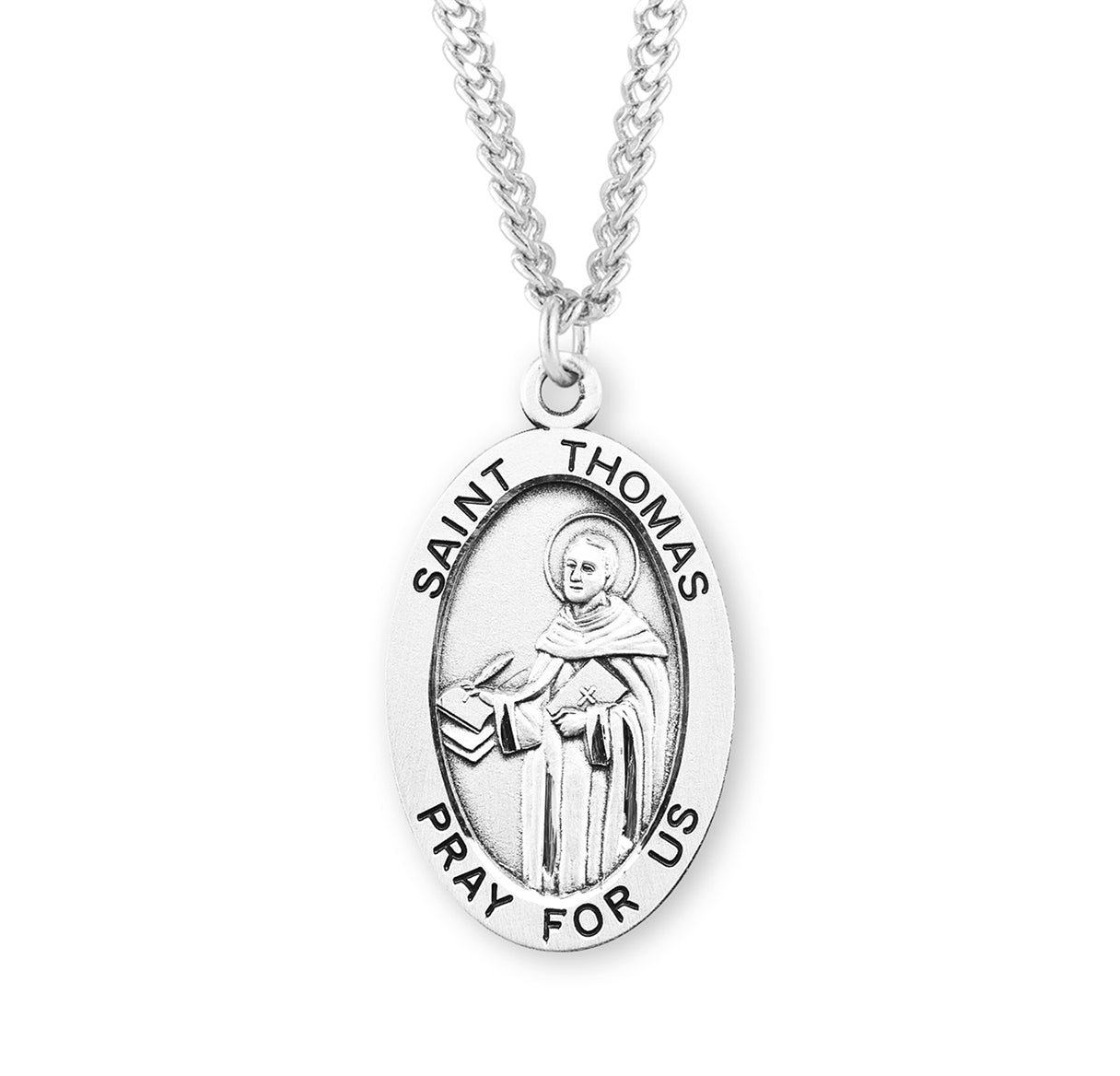 Patron Saint Thomas Aquinas Oval Sterling Silver Medal Pendant with Chain