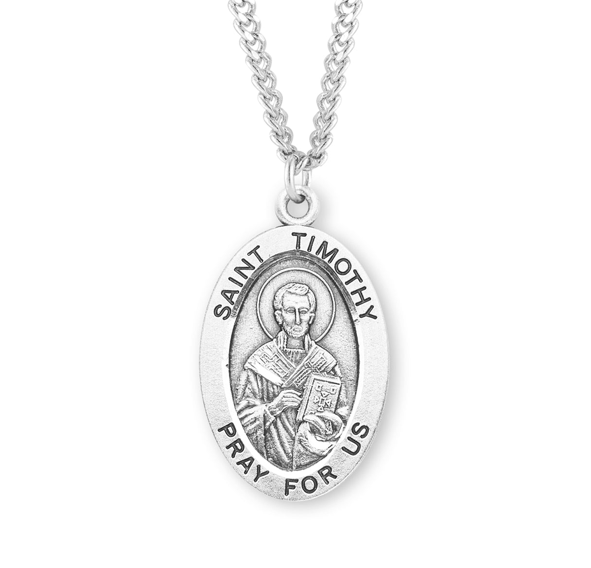 Patron Saint Timothy Oval Sterling Silver Medal Pendant with Chain