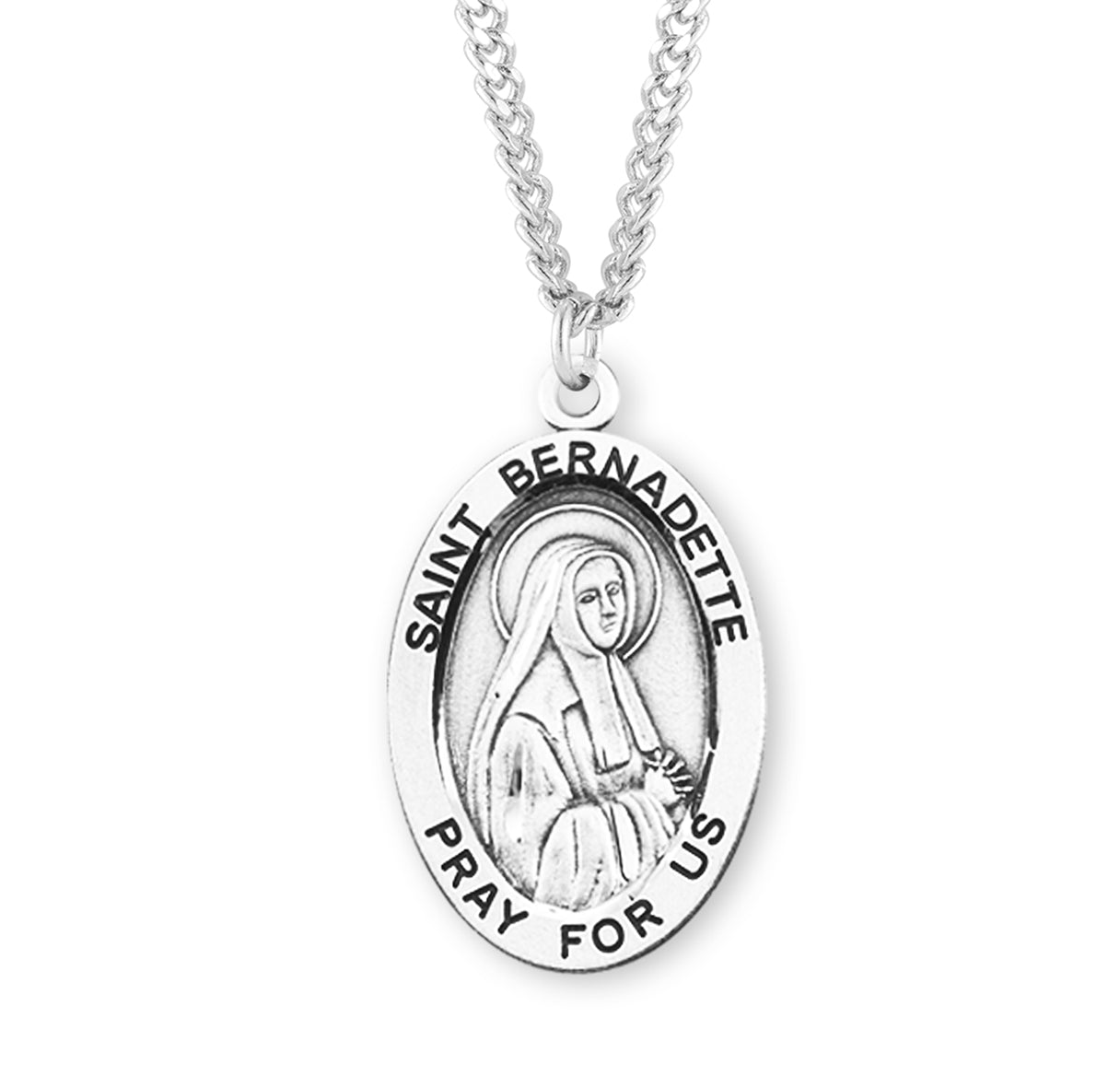 Patron Saint Bernadette Oval Sterling Silver Medal Pendant with Chain