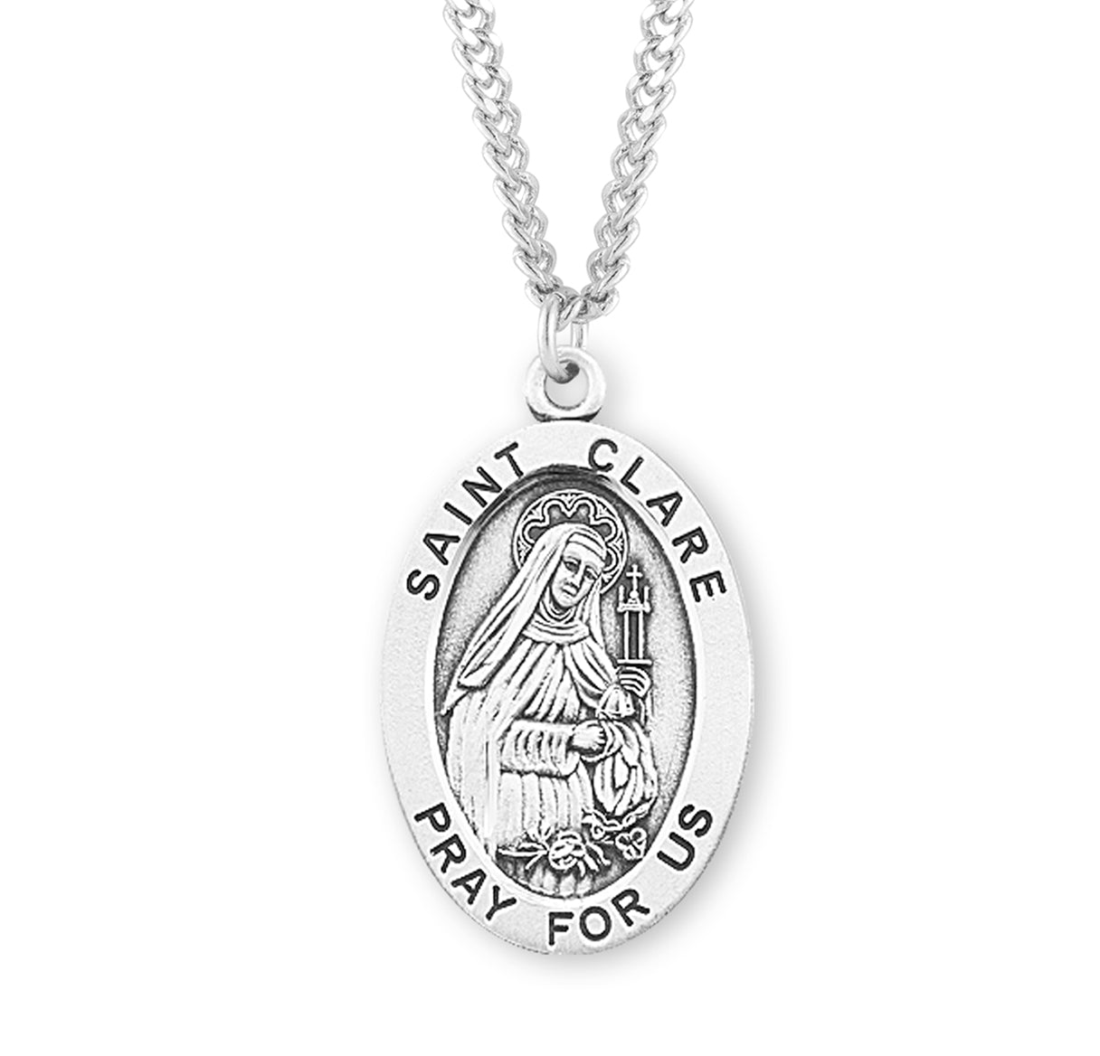 Patron Saint Clare Oval Sterling Silver Medal Pendant with Chain