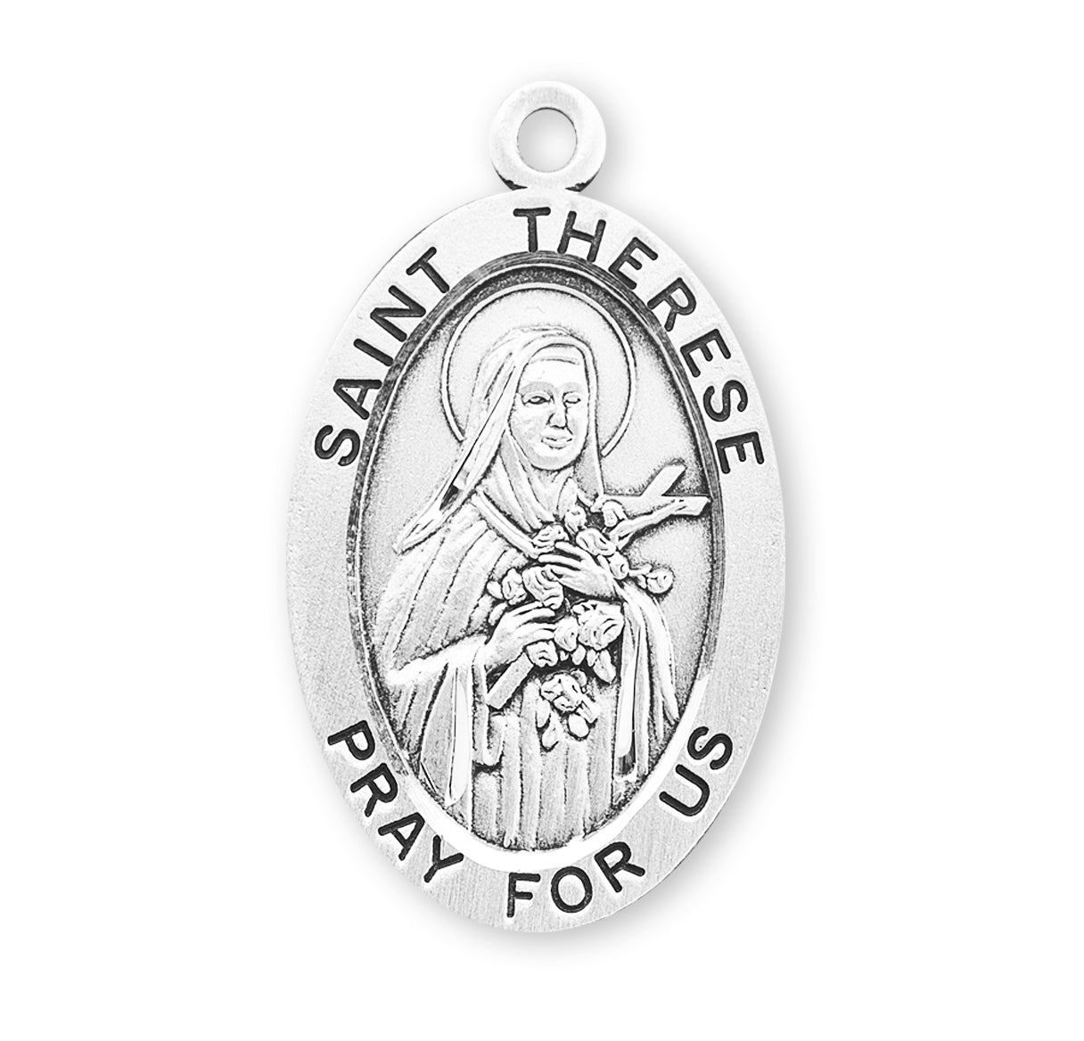 Patron Saint Therese of Lisieux Oval Sterling Silver Medal Pendant with Chain