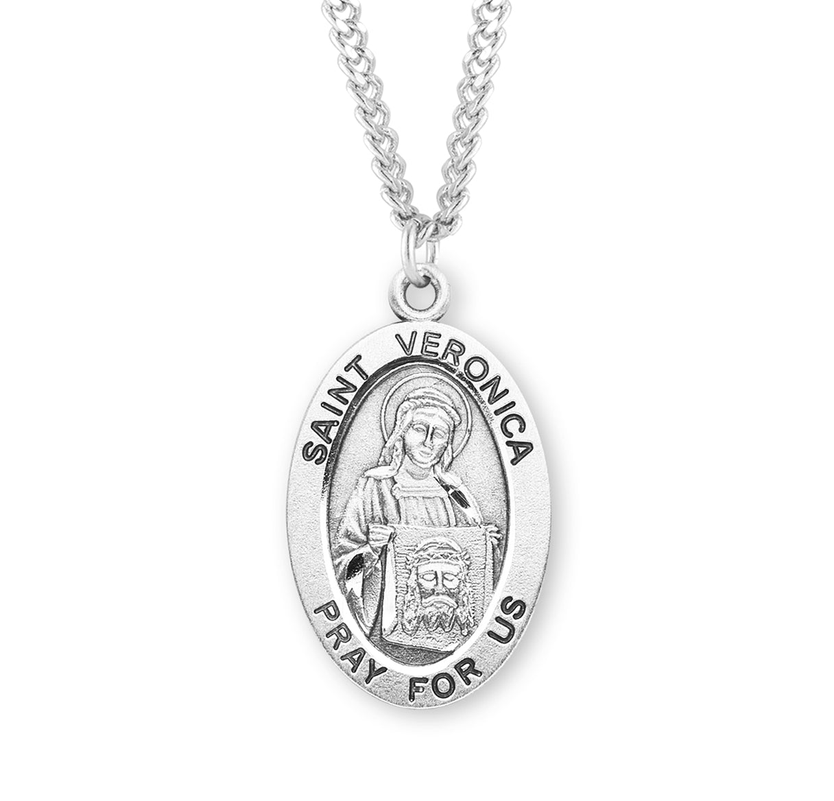 Patron Saint Veronica Oval Sterling Silver Medal Pendant with Chain