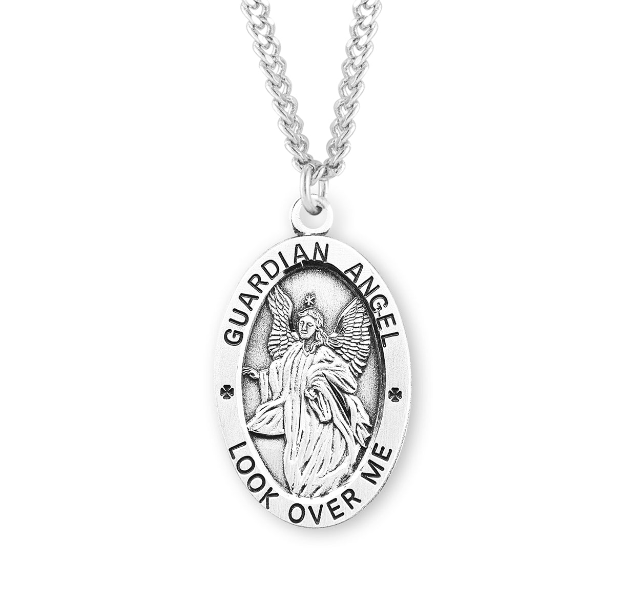 Guardian Angel Oval Sterling Silver Medal Pendant with Chain