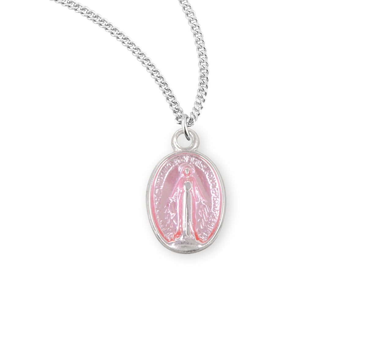 Sterling Silver Oval Pink Enameled Miraculous Medal Pendant with Chain