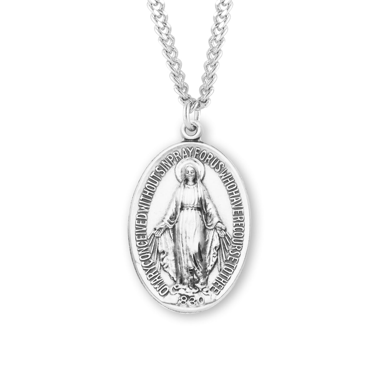 Sterling Silver Oval Miraculous Medal Pendant with Chain