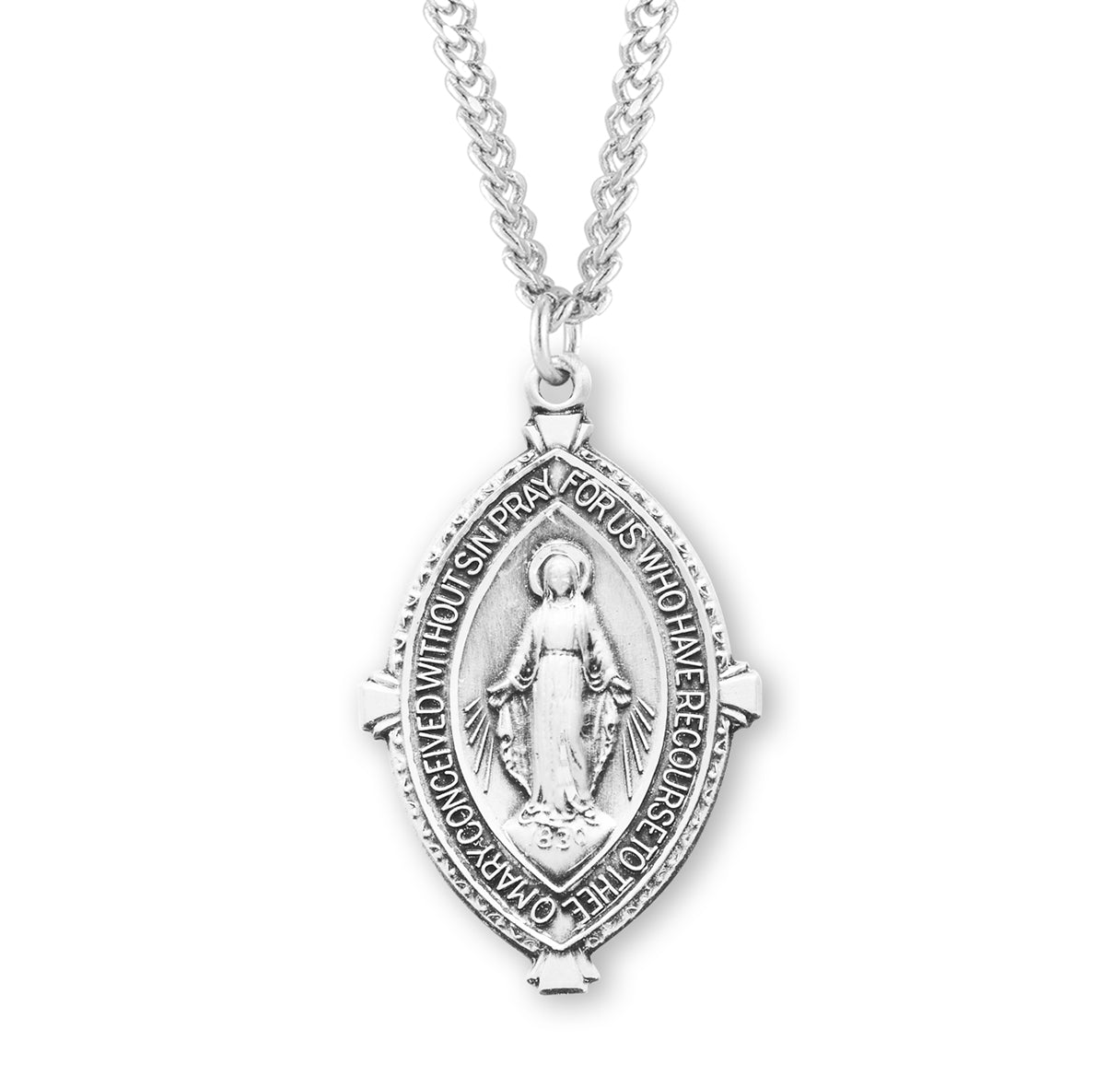 Sterling Silver Double Pointed Oval Miraculous Medal Pendant with Chain