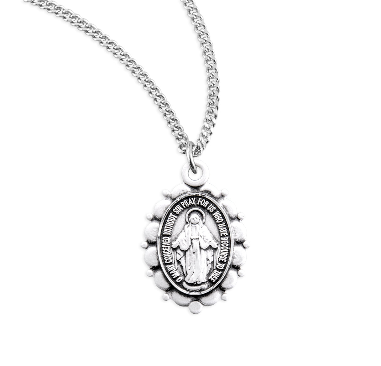 Sterling Silver Oval Miraculous Medal Pendant with Chain