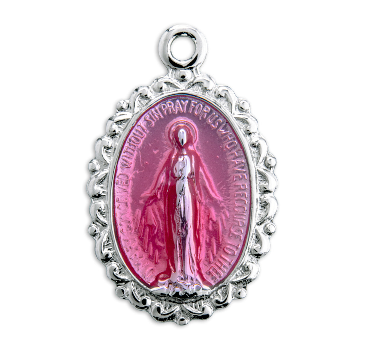 Sterling Silver Oval Pink Enameled Miraculous Medal Pendant with Chain