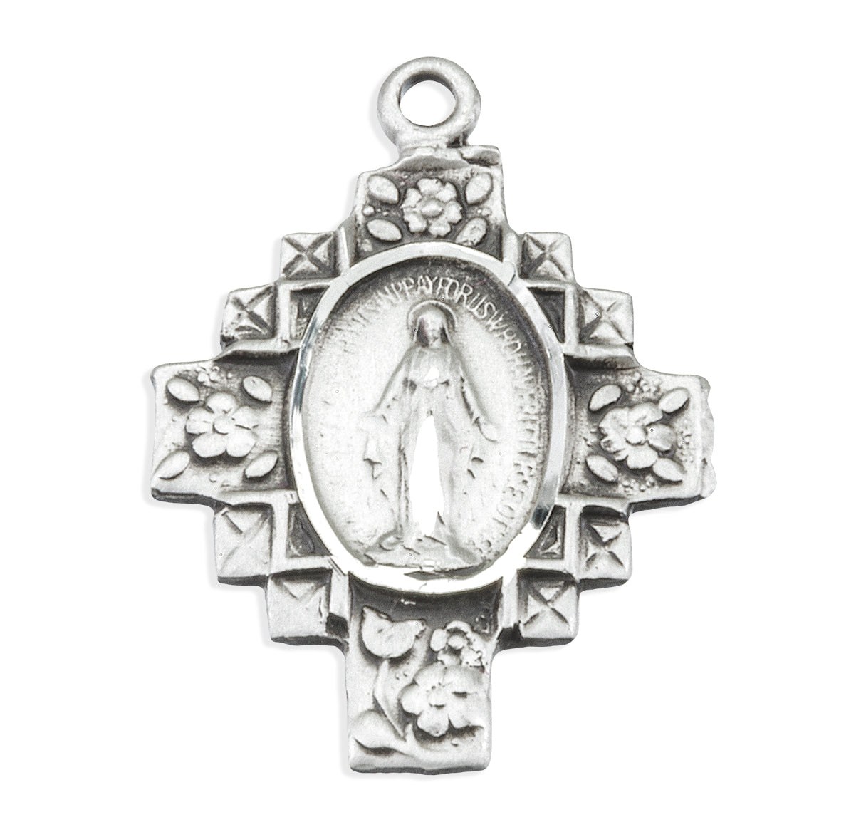 Sterling Silver Flowered Cross Miraculous Medal Pendant with Chain