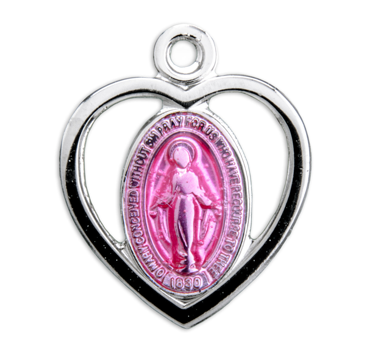 Sterling Silver Pink Enameled Miraculous Medal Pendant with Chain