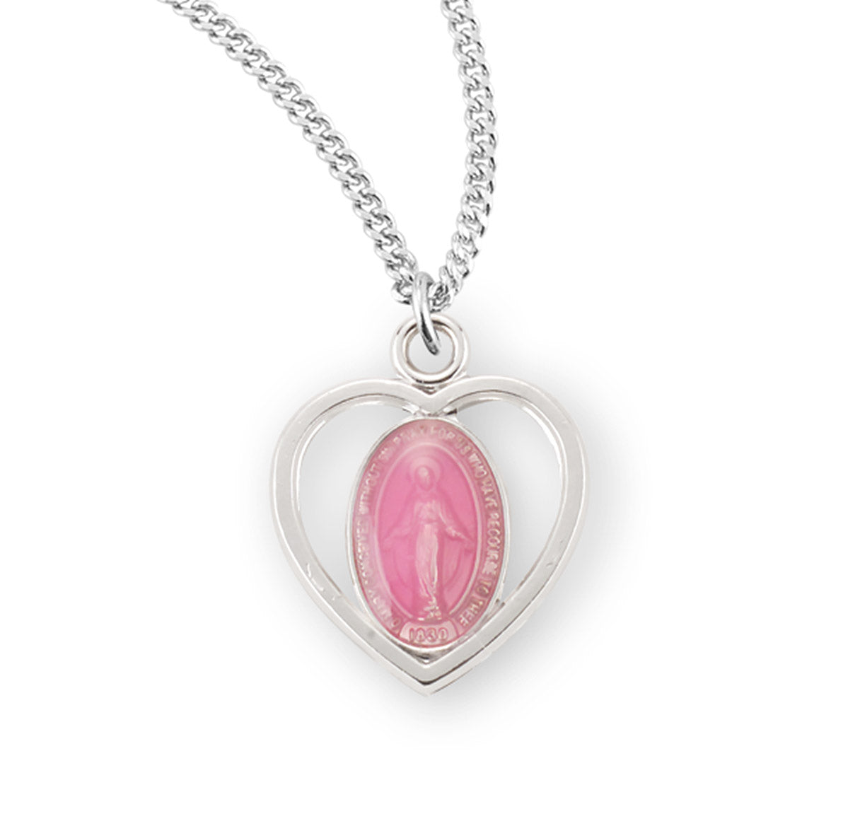 Sterling Silver Pink Enameled Miraculous Medal Pendant with Chain