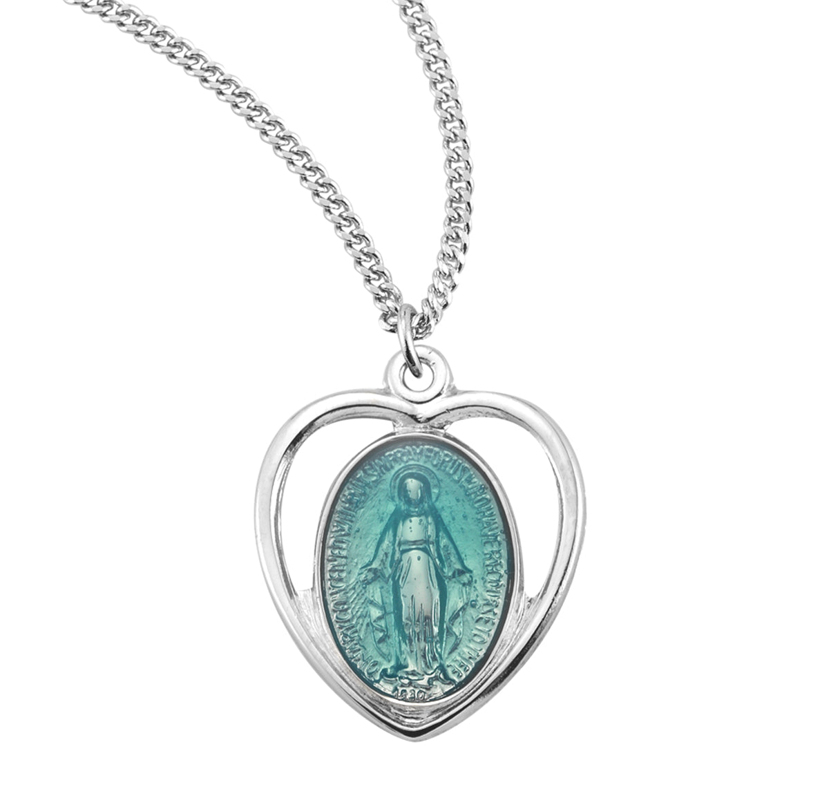 Blue Enameled Sterling Silver Miraculous Medal Pendant with Chain