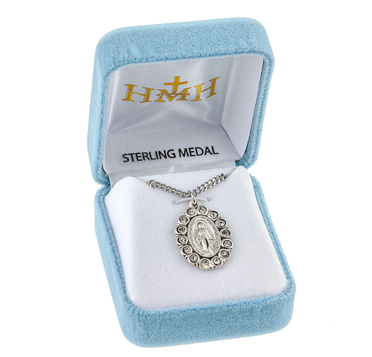 Sterling Silver Oval Miraculous Medal Pendant with Chain Set with Clear Crystals
