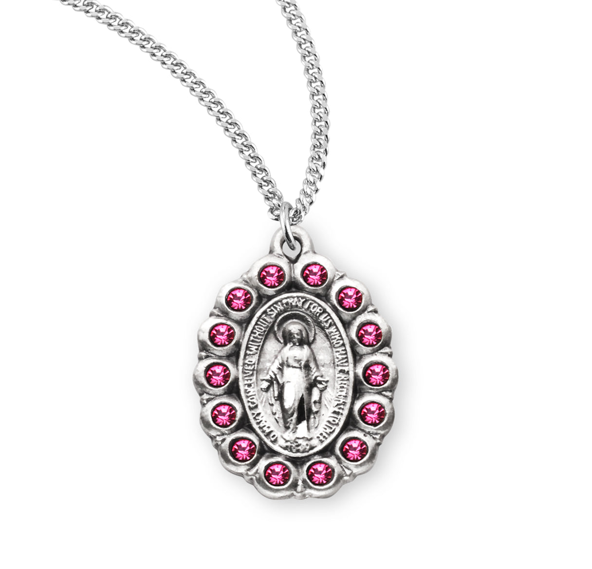 Sterling Silver Oval Miraculous Medal Pendant with Chain Set with Pink Crystals