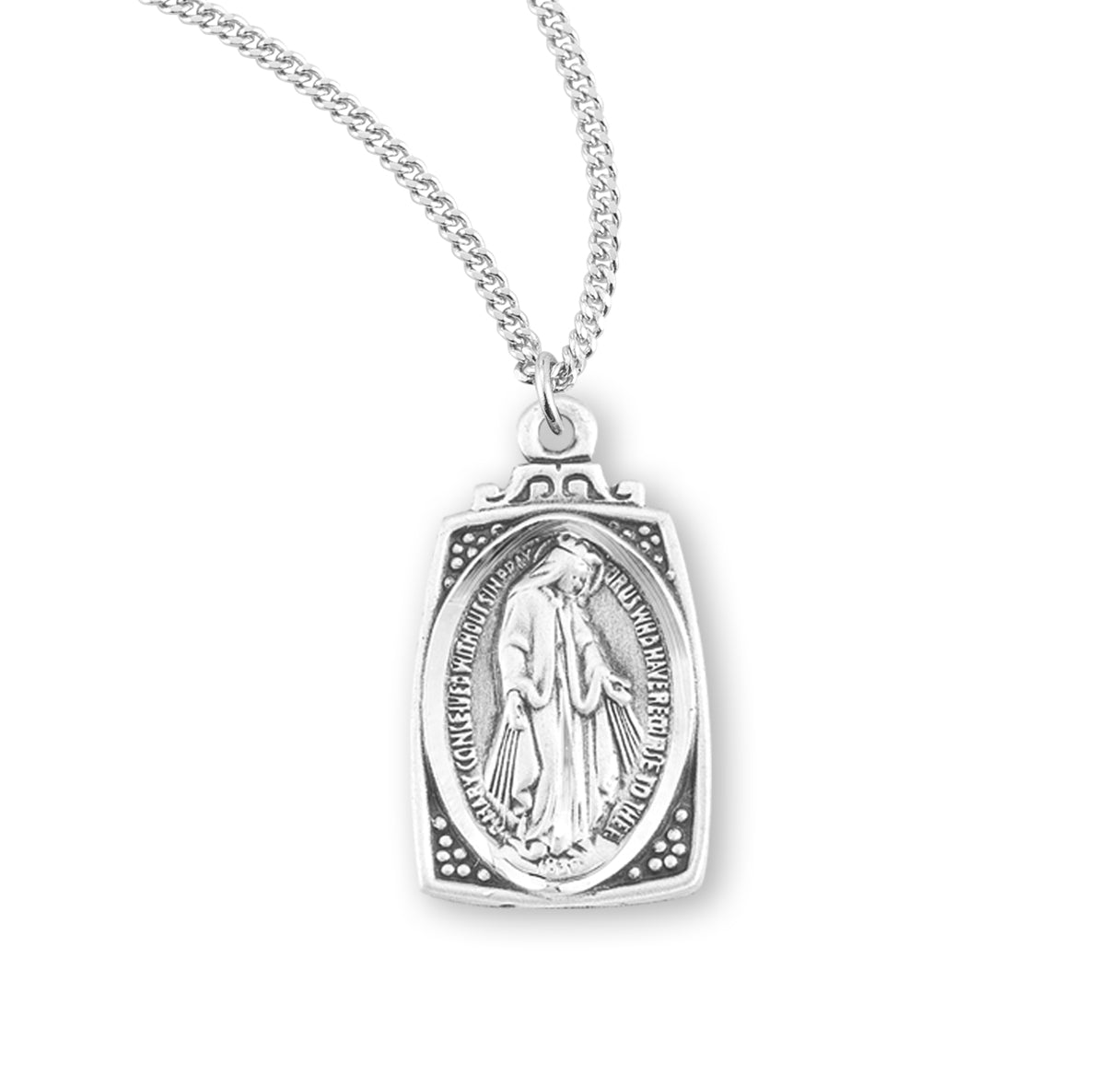 Sterling Silver Profile "Art Deco" Style Miraculous Medal Pendant with Chain
