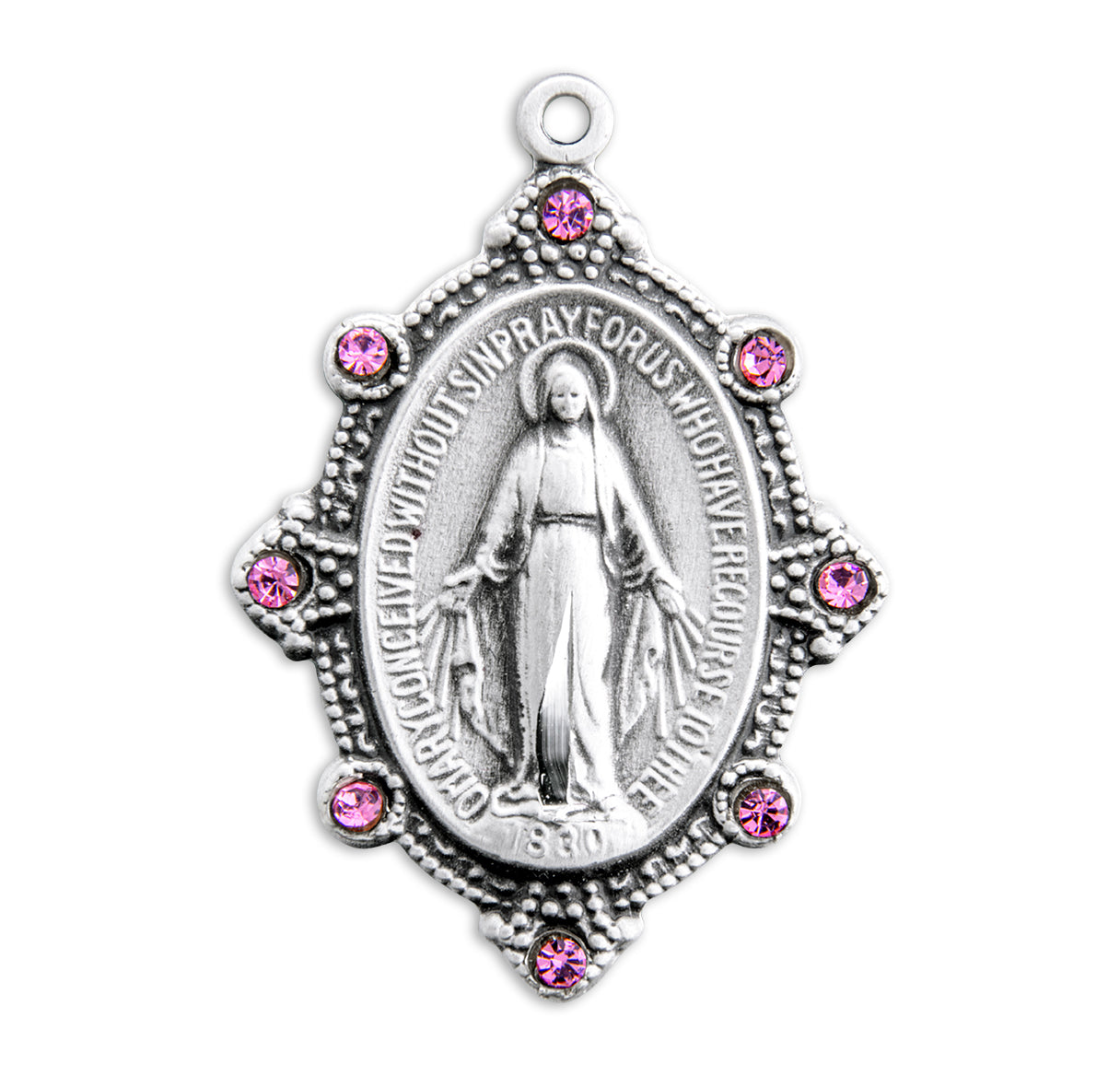 Sterling Silver Oval Miraculous Medal Pendant with Chain Set with Pink Crystals