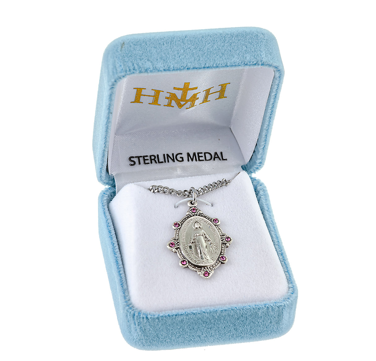 Sterling Silver Oval Miraculous Medal Pendant with Chain Set with Pink Crystals