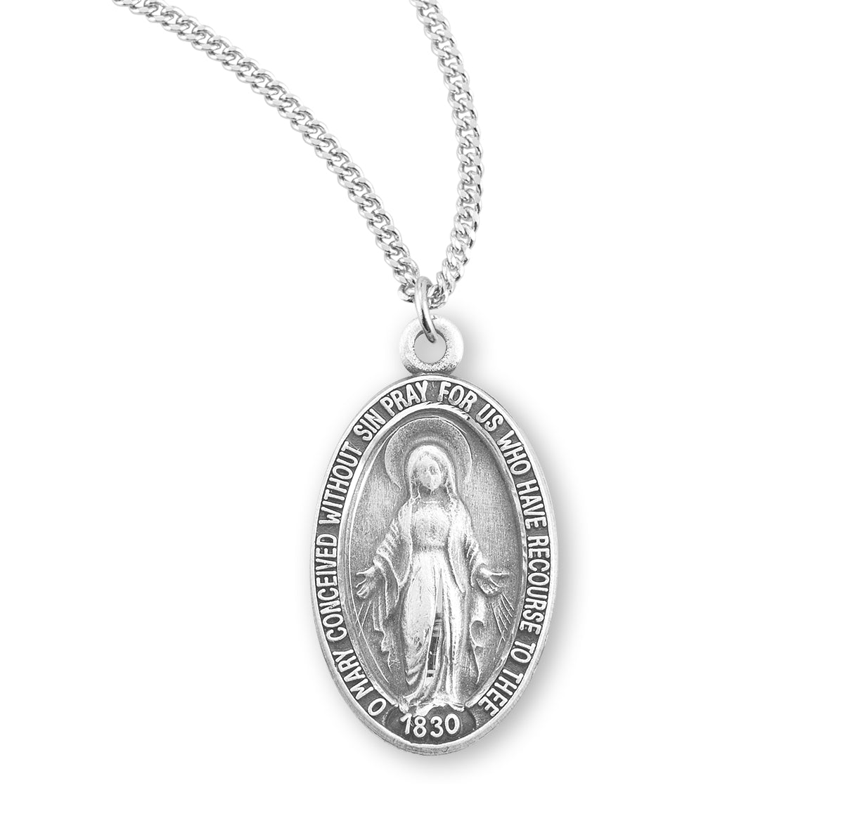 Sterling Silver Oval Miraculous Medal Pendant with Chain