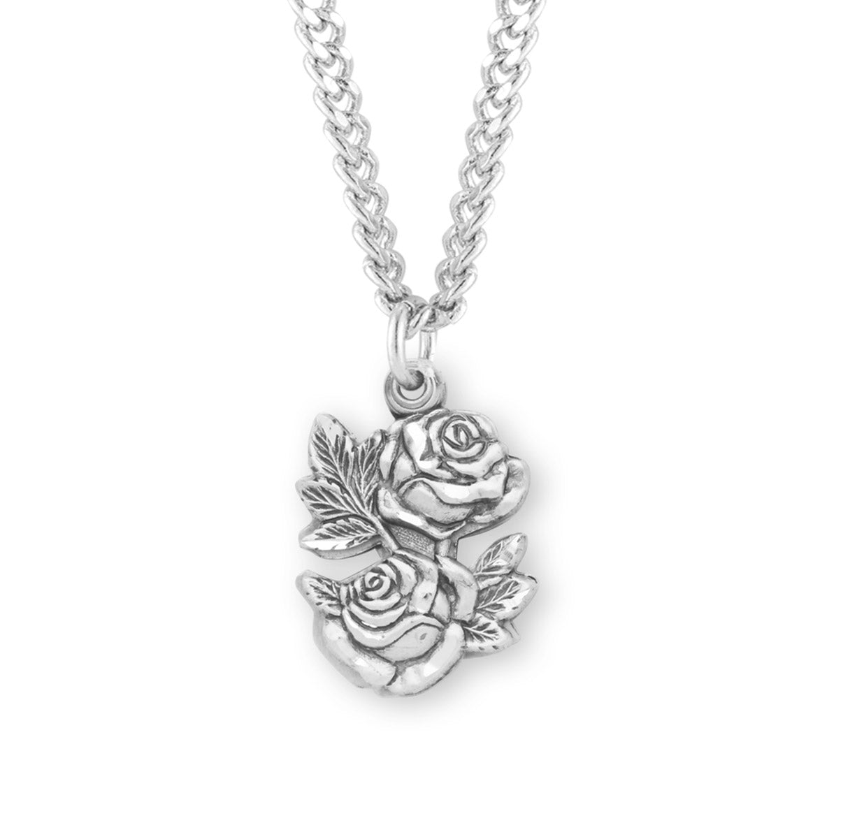 Sterling Silver Double Rose Bud Triple Slide Medal Pendant with Chain