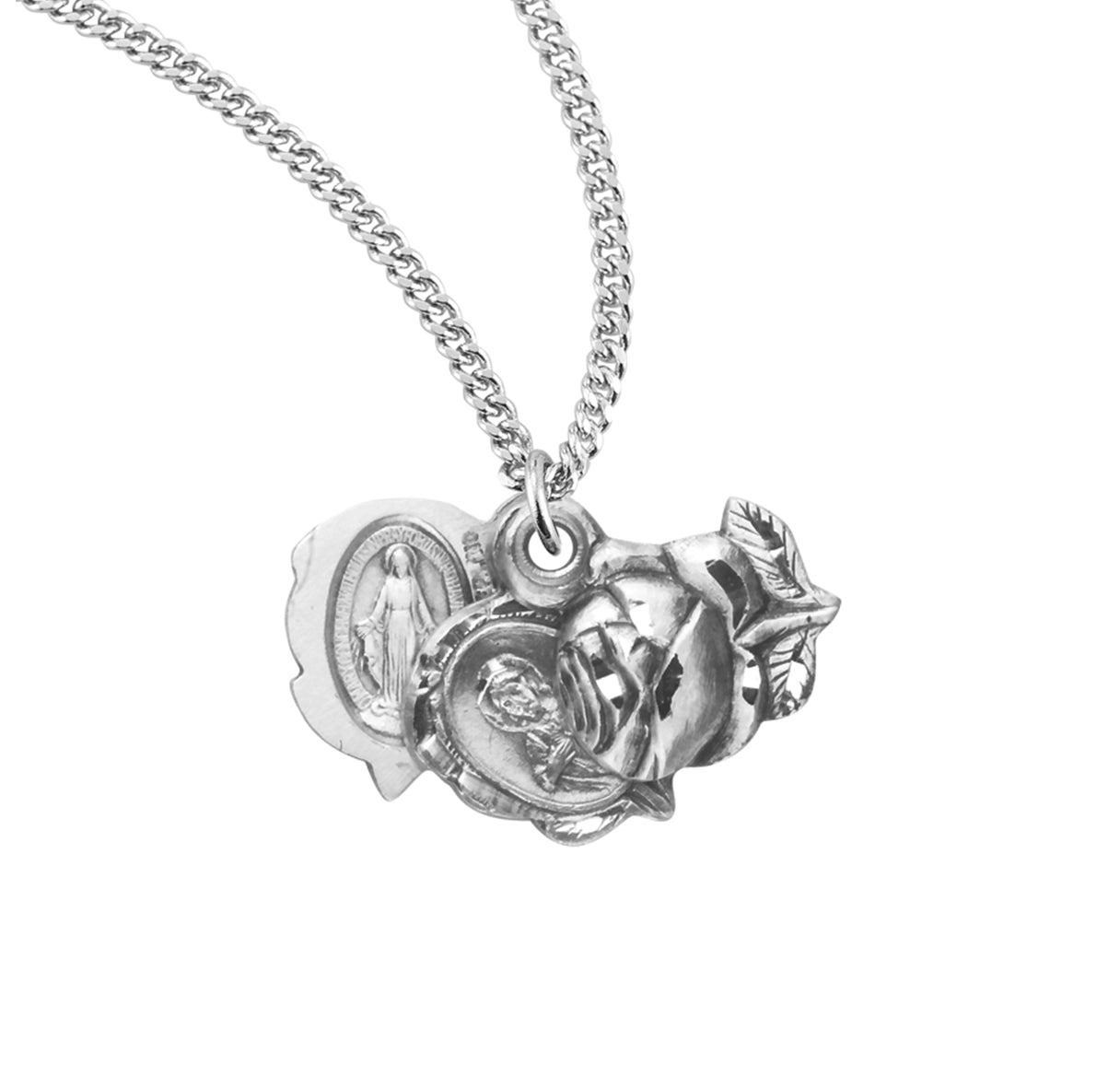 Sterling Silver Small Rose Bud Triple Slide Medal Pendant with Chain