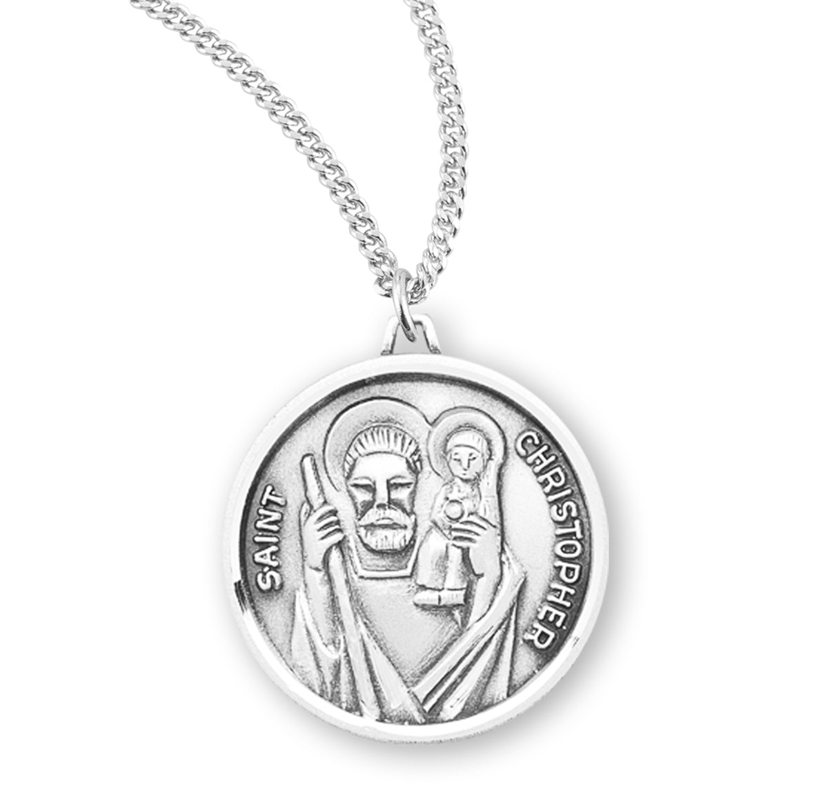 Saint Christopher Round Sterling Silver Medal Pendant with Chain