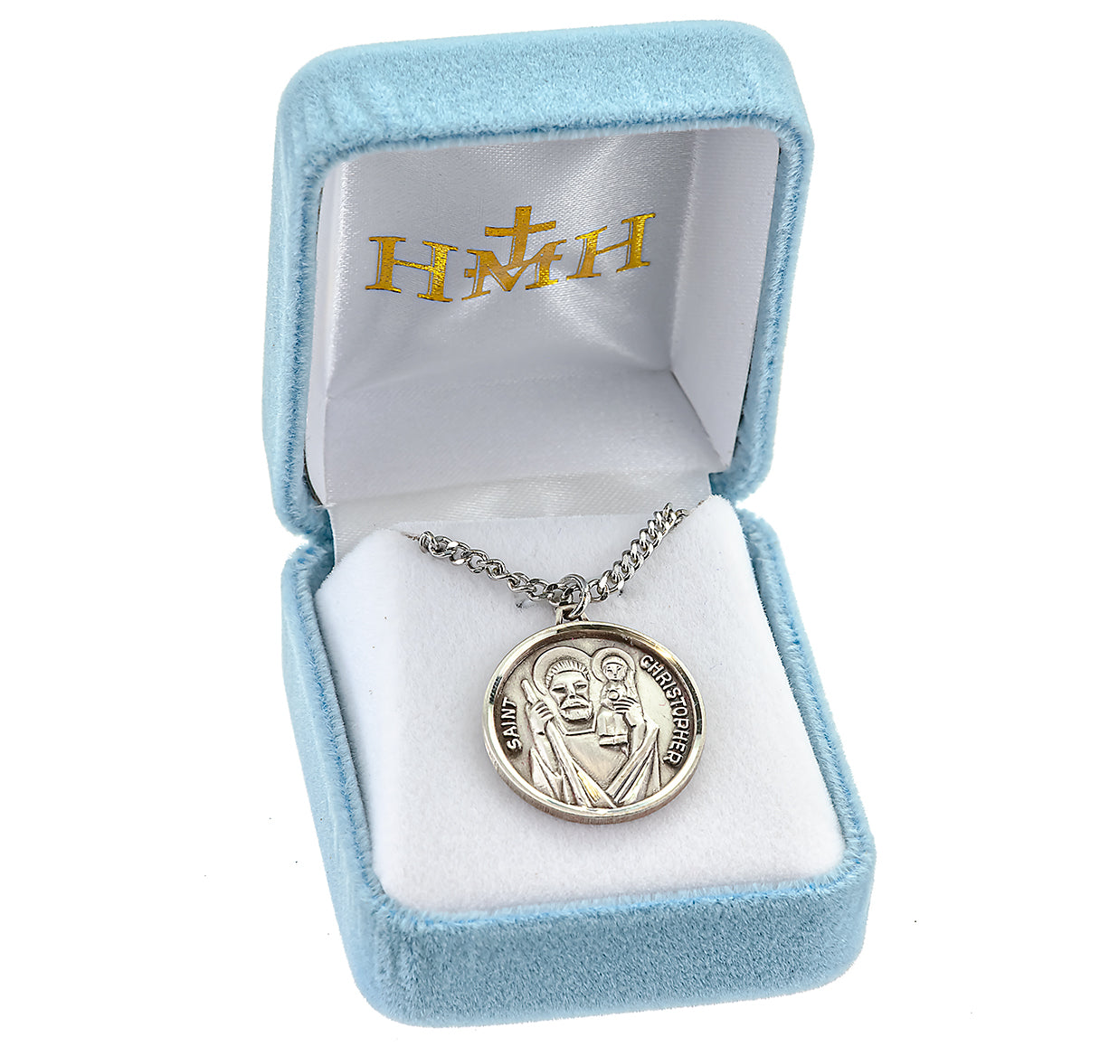 Saint Christopher Round Sterling Silver Medal Pendant with Chain