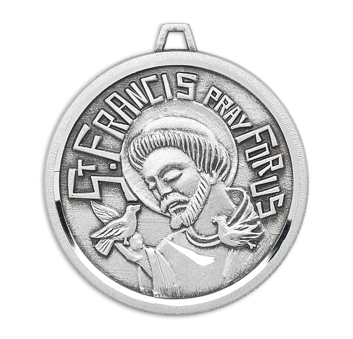 Saint Francis Round Contemporary Sterling Silver Medal Pendant with Chain