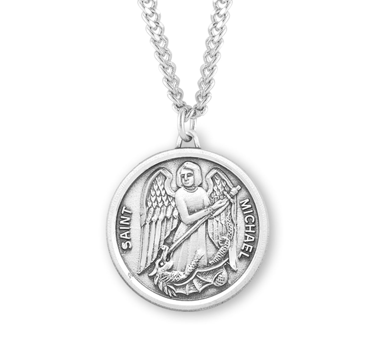 Saint Michael Round Sterling Silver Medal Pendant with Chain